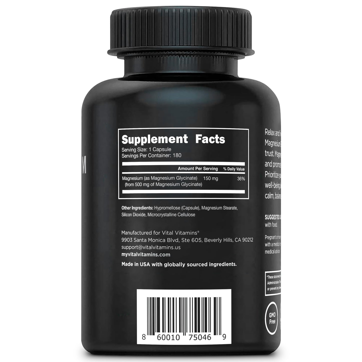 Vital Vitamins Magnesium Glycinate 500mg - High Absorption Formula - Promotes Relaxation, Calmness, & Restful Sleep - Pure Magnesium Supplement for Men & Women - 180 Capsules, Vegan, Non-GMO