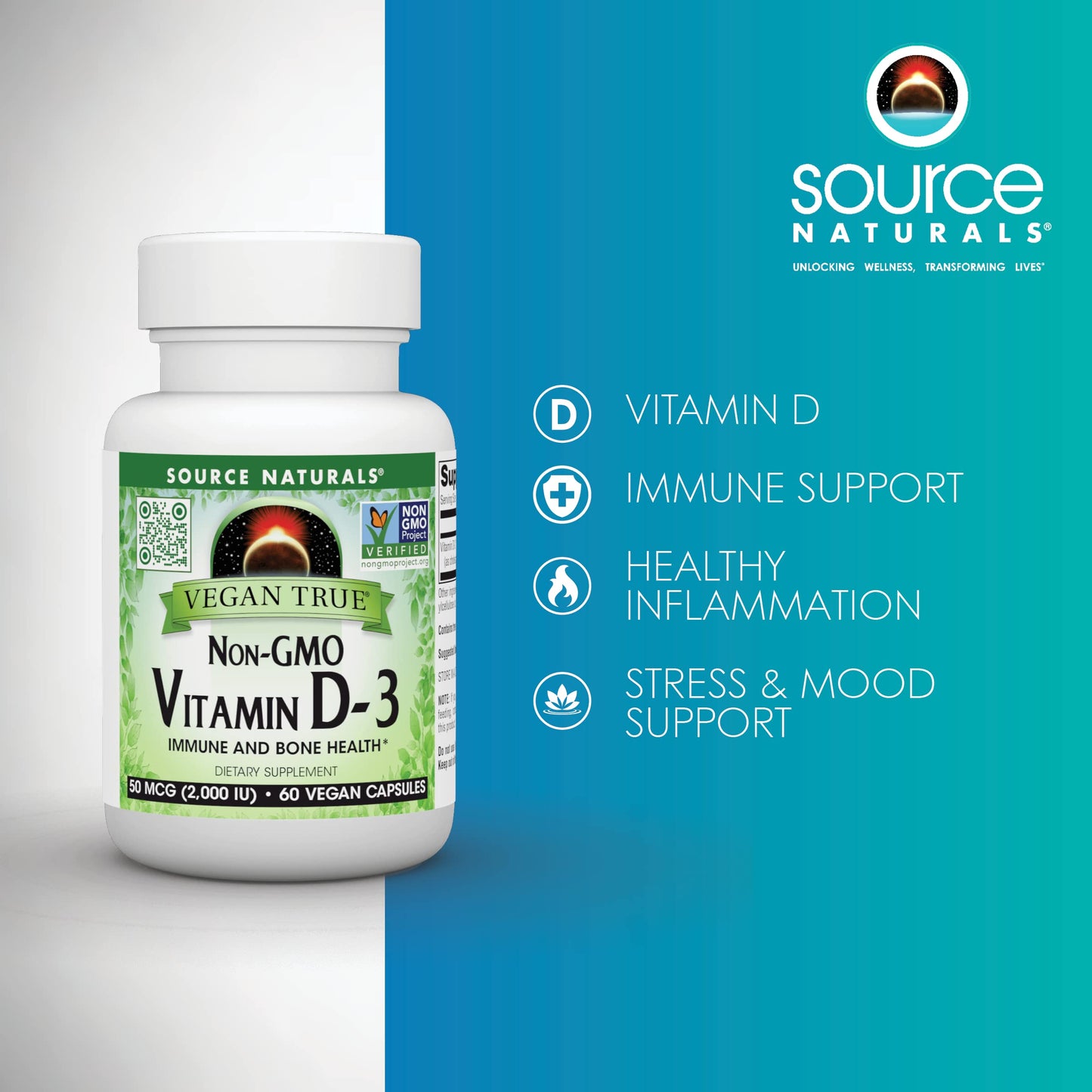 Pre-Order | Arrives in 5–10 Days – Source Naturals Vegan True, Non-GMO Vitamin D-3, Dietary Supplement for Immune and Bone Health*, 2,000 IU - 60 Capsules