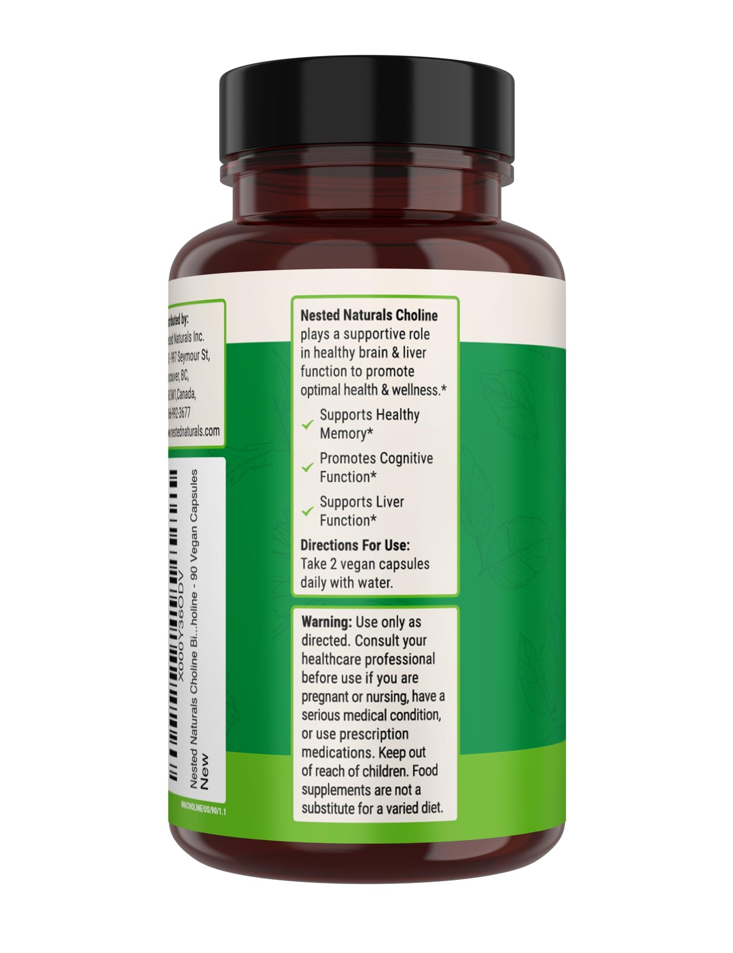 Nested Naturals Choline Bitartrate 500mg - High Potency Choline Supplements - Supports Cognitive Performance & Liver Function - 100% Vegan & Non-GMO Choline - 90 Vegan Capsules