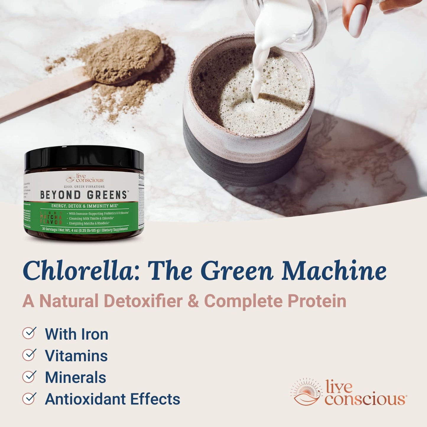 Live Conscious Beyond Greens Superfood Powder - Delicious Debloating Super Greens Powder - Matcha Greens Blend w/Chlorella, Echinacea, Probiotics for Immune Support & Energy