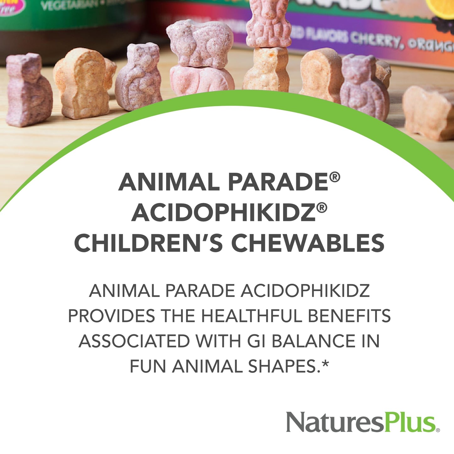 Natures Plus Animal Parade AcidophiKidz, Berry Flavor - 90 Chewable, Animal-Shaped Tablets - with Probiotics, FOS & Grape Seed - 90 Total Servings
