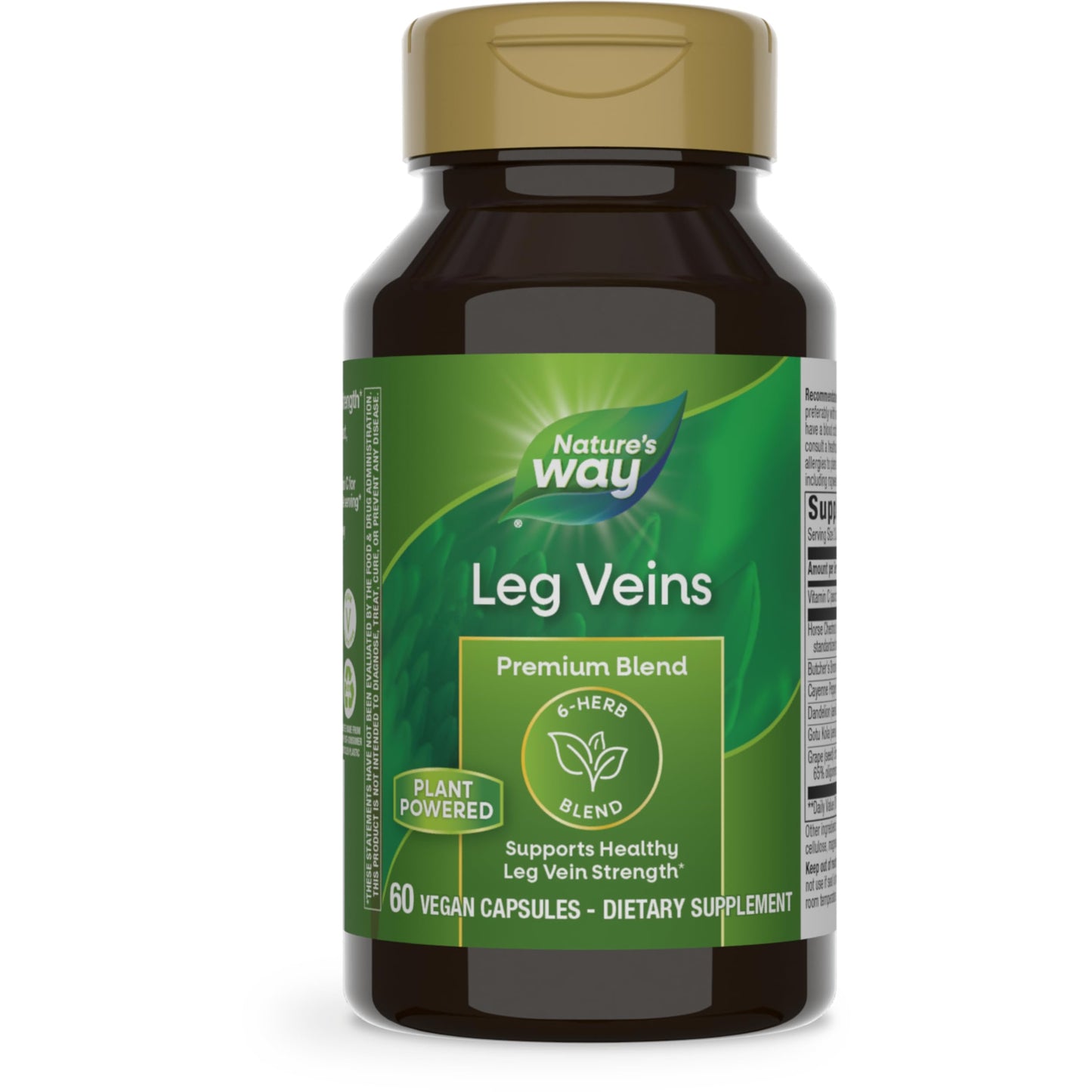 Nature's Way Leg Veins, Supports Healthy Leg Vein Strength*, 6-Herb Blend, With Horse Chestnut Extract, Dandelion, Gluten Free, 60 Vegan Capsules (Packaging May Vary)