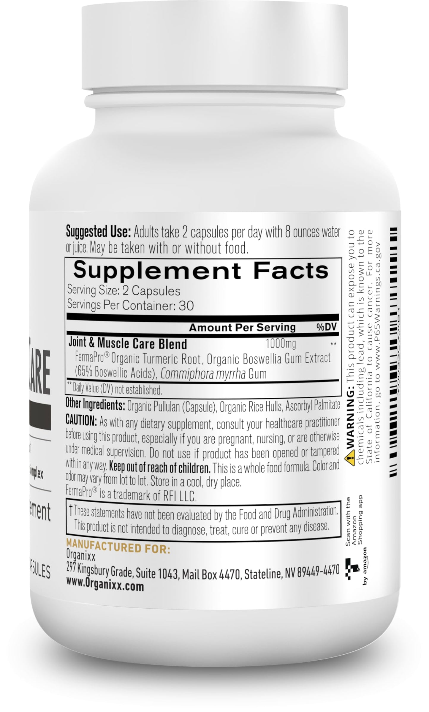 Organixx Joint & Muscle Care Organic Turmeric Supplement, 3-in-1 Frankincense, Turmeric and Myrrh Joint Health & Joint Support Supplement Body Care Capsules, Supports Swelling, Tension, 60 Capsules