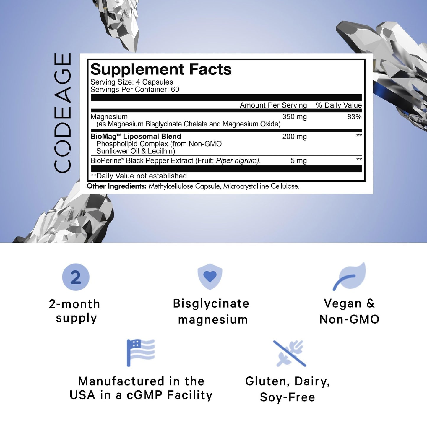 Codeage Liposomal Magnesium Glycinate Supplement, 2-Month Supply, Bisglycinate Magnesium Chelate, Chelated Magnesium Mineral Pills, BioPerine Black Pepper Vitamins Capsules, Non-GMO Vegan, 240 ct