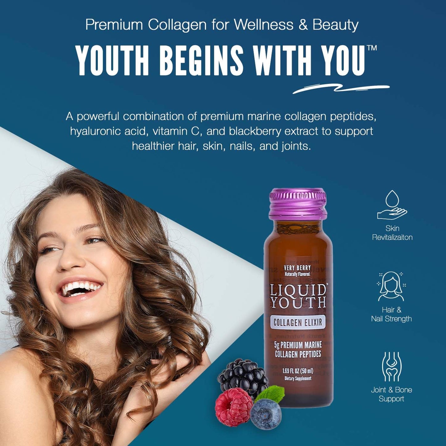 LIQUID YOUTH Liquid Collagen Elixir Shot for Women & Men - Premium Liquid Marine Collagen for Hair Growth, Skin, Nail, Bone & Joint Health - Travel-Friendly (Very Berry, 10 Servings Per Box)