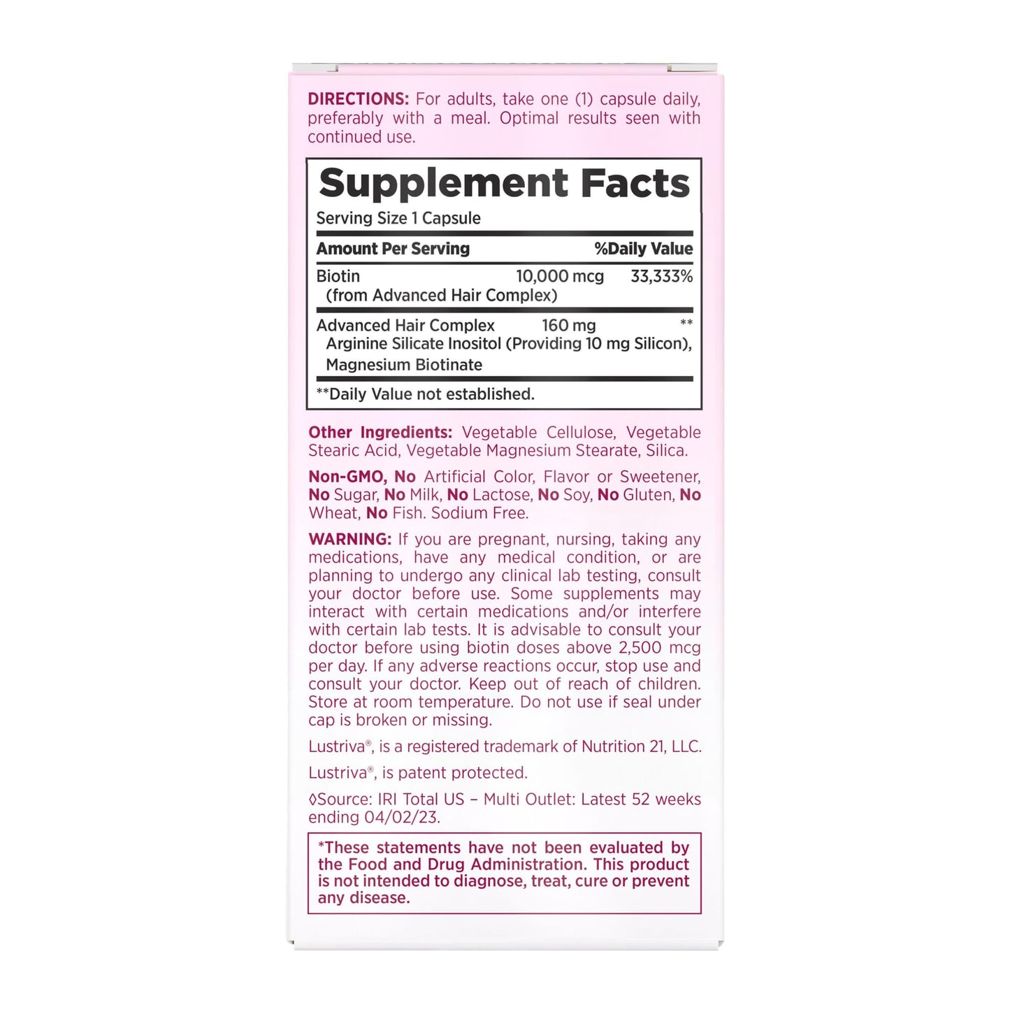 Nature's Bounty Optimal Solutions Hair Growth Supplement, Clinically Shown to Support Thicker, Fuller Hair, With Biotin, Silicon & Arginine, 30 Capsules, One-Month Supply