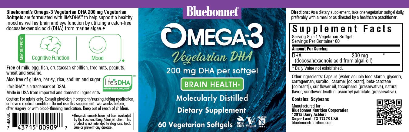 Pre-Order | Arrives in 5–10 Days – BlueBonnet Natural Omega-3 Vegetarian DHA Vegetarian Softgels, 200 mg, 60 Count ('743715009097)