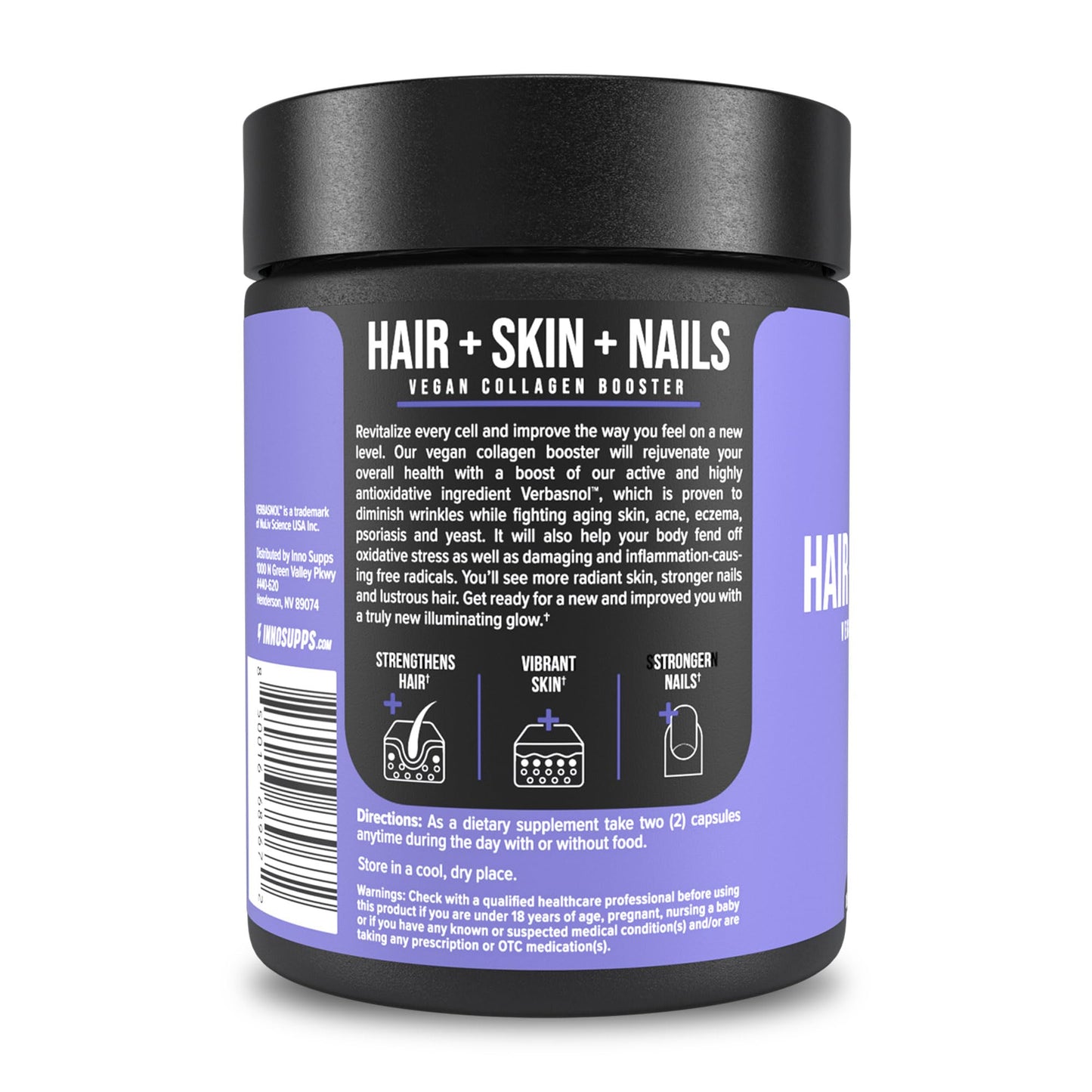InnoSupps Hair + Skin + Nails Supplement | Vegan Collagen Booster | Biotin, B12, Horsetail Herb Powder | Stimulate Hair Growth, Revitalize Skin, Strengthen Nails | 60 Capsules