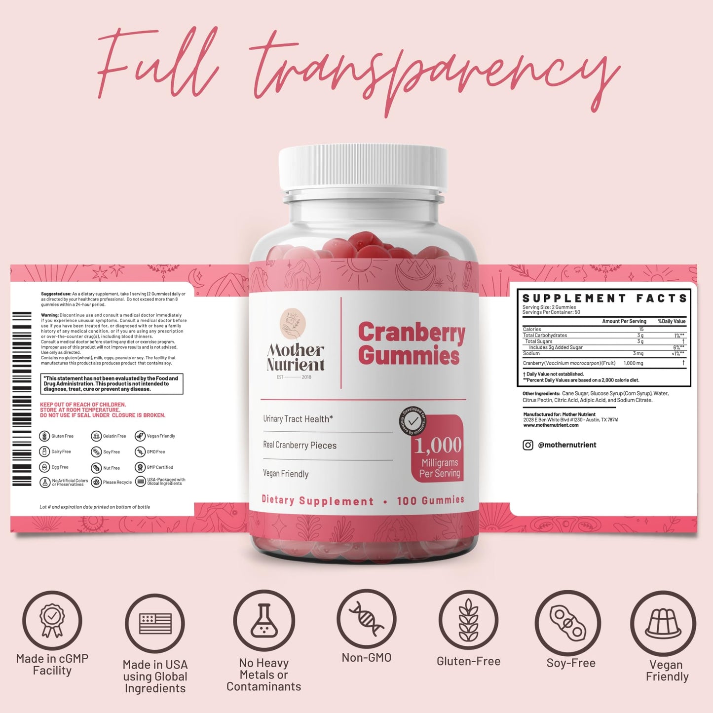 Mother Nutrient Cranberry Gummies Supplement for Women & Kids- Urinary Tract Health- Less Tart & 90% Less Sweet, Gluten-Free, Non-GMO, Vegan - Pure Cranberry Extract 1000mg - 100 Count.