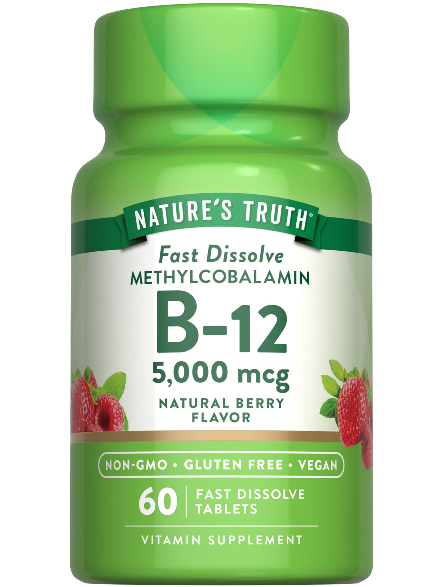 Nature's Truth B12 Vitamin 5000 mcg | 60 Tablets | Fast Dissolve Natural Berry Flavor | Vegan, Non-GMO & Gluten Free Supplement