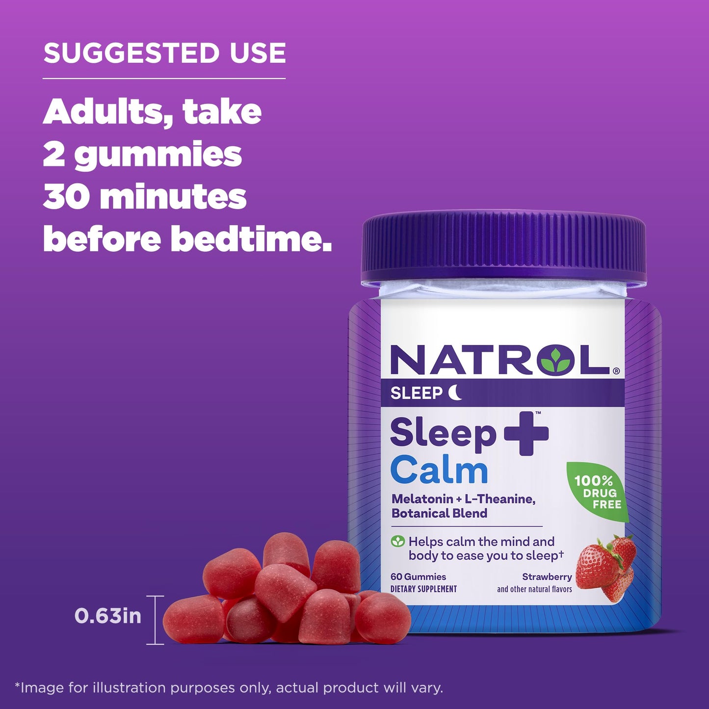 Natrol Sleep+ Calm Melatonin Gummies for Adults, Sleep Gummies, Strawberry Flavor, 60 Gummies, 30 Day Supply