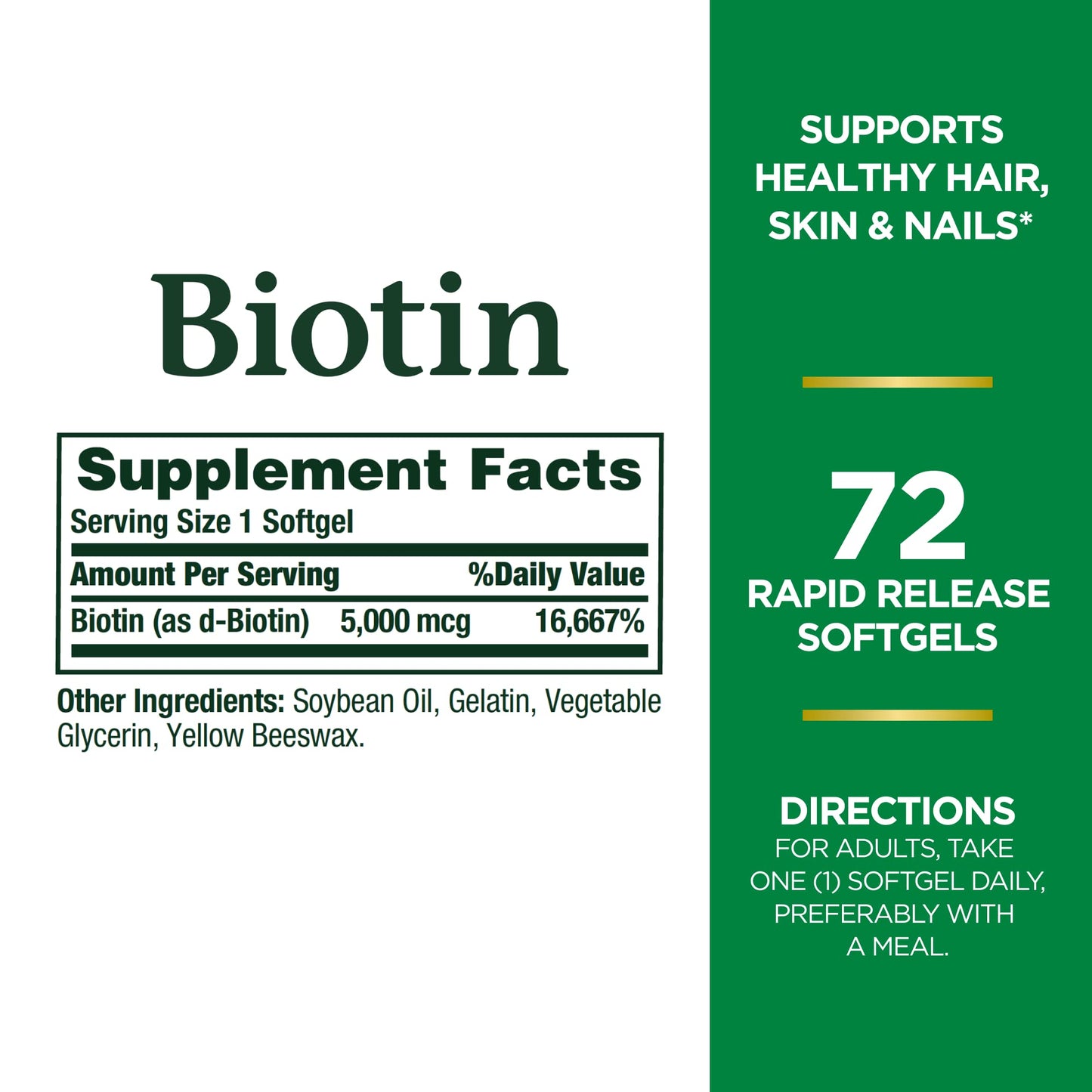 Nature's Bounty Biotin, Supports Metabolism for Cellular Energy and Healthy Hair, Skin, and Nails, 5000 mcg, 72 Softgels