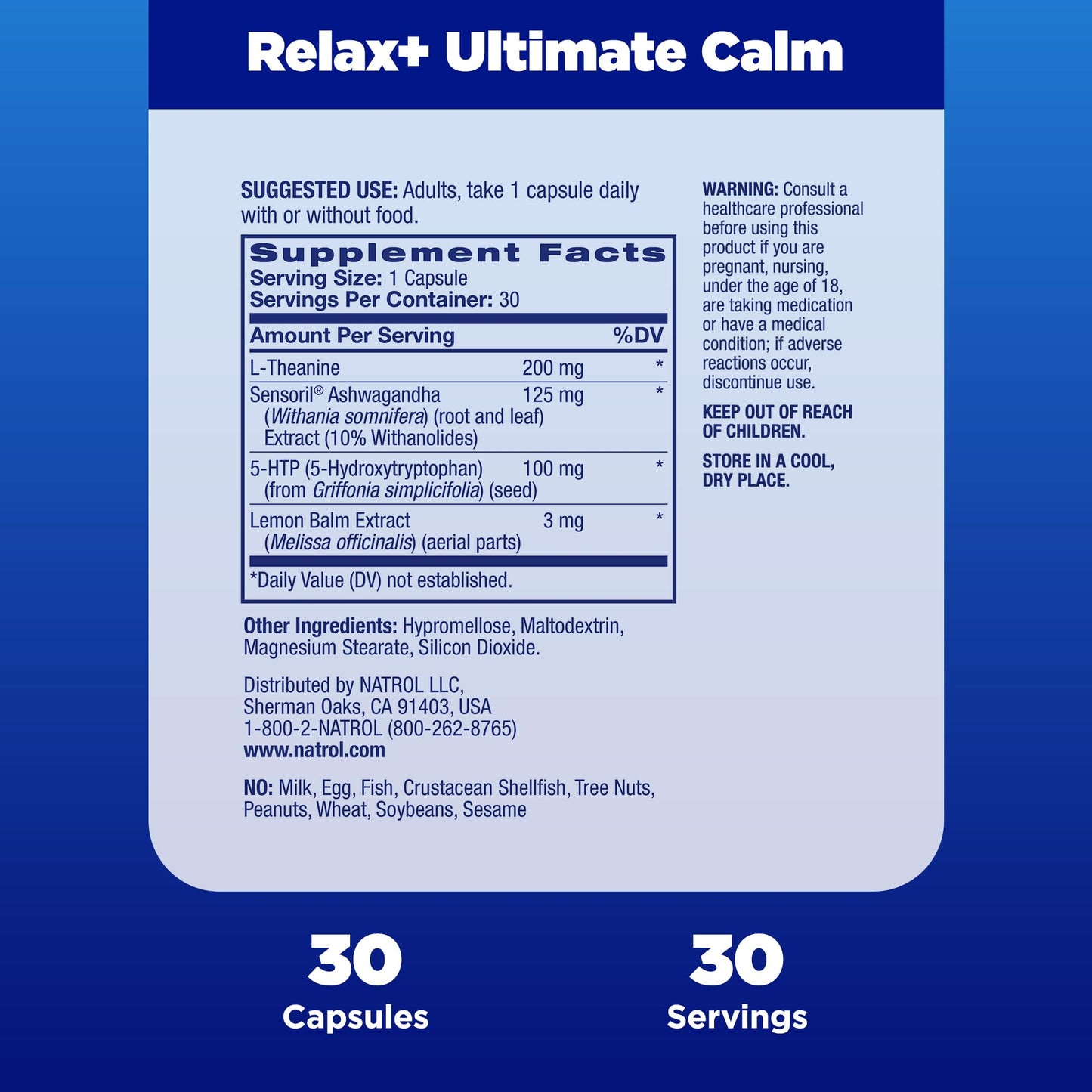 Natrol Relax+ Ultimate Calm with Ashwagandha, 5-HTP, L-Theanine and Lemon Balm, Drug-Free Dietary Supplement Helps Reduce Occasional Stress & Tension, 30 Capsules, 30 Day Supply