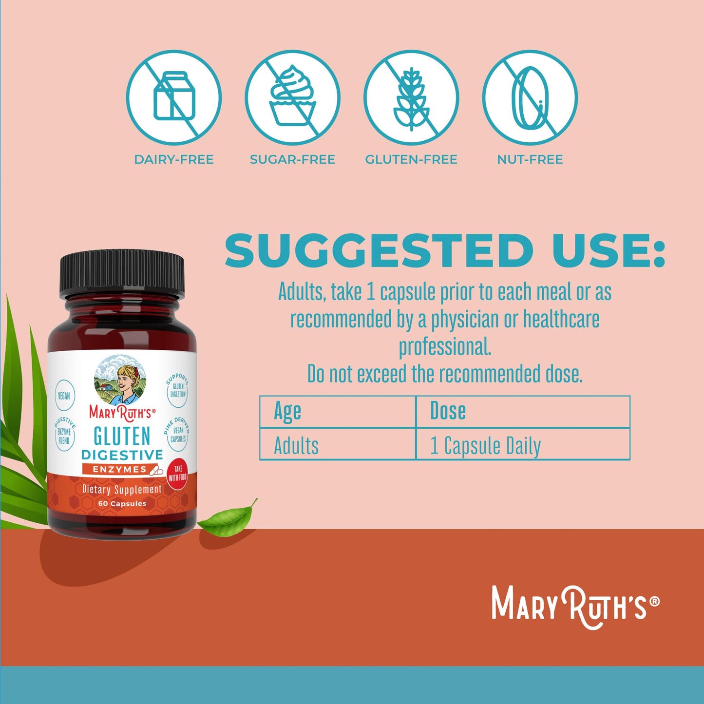 MaryRuth Organics Gluten Enzymes Capsules | Enzyme Supplement for Gut Health Support | Gluten Digestion | & Nutrient Absorption | Vegan | Gluten Free | 60 Count