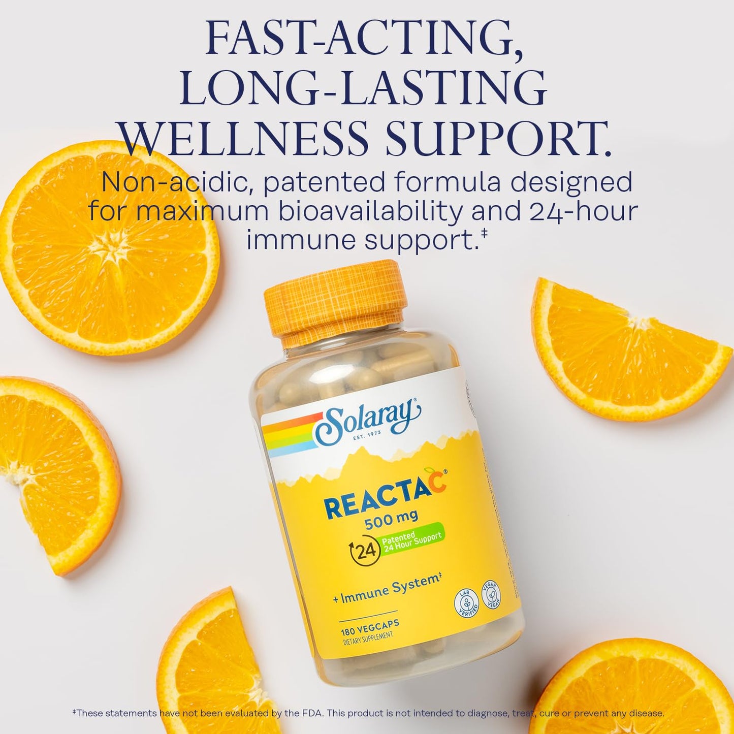 Pre-Order | Arrives in 5–10 Days – SOLARAY Reacta-C with Vitamin C 500mg - 200mg Bioflavonoid Concentrate, Immune Defense Vitamins - Patented 24 Hour Immune Support Supplement - Vegan - 180 Capsules, 180 Servings