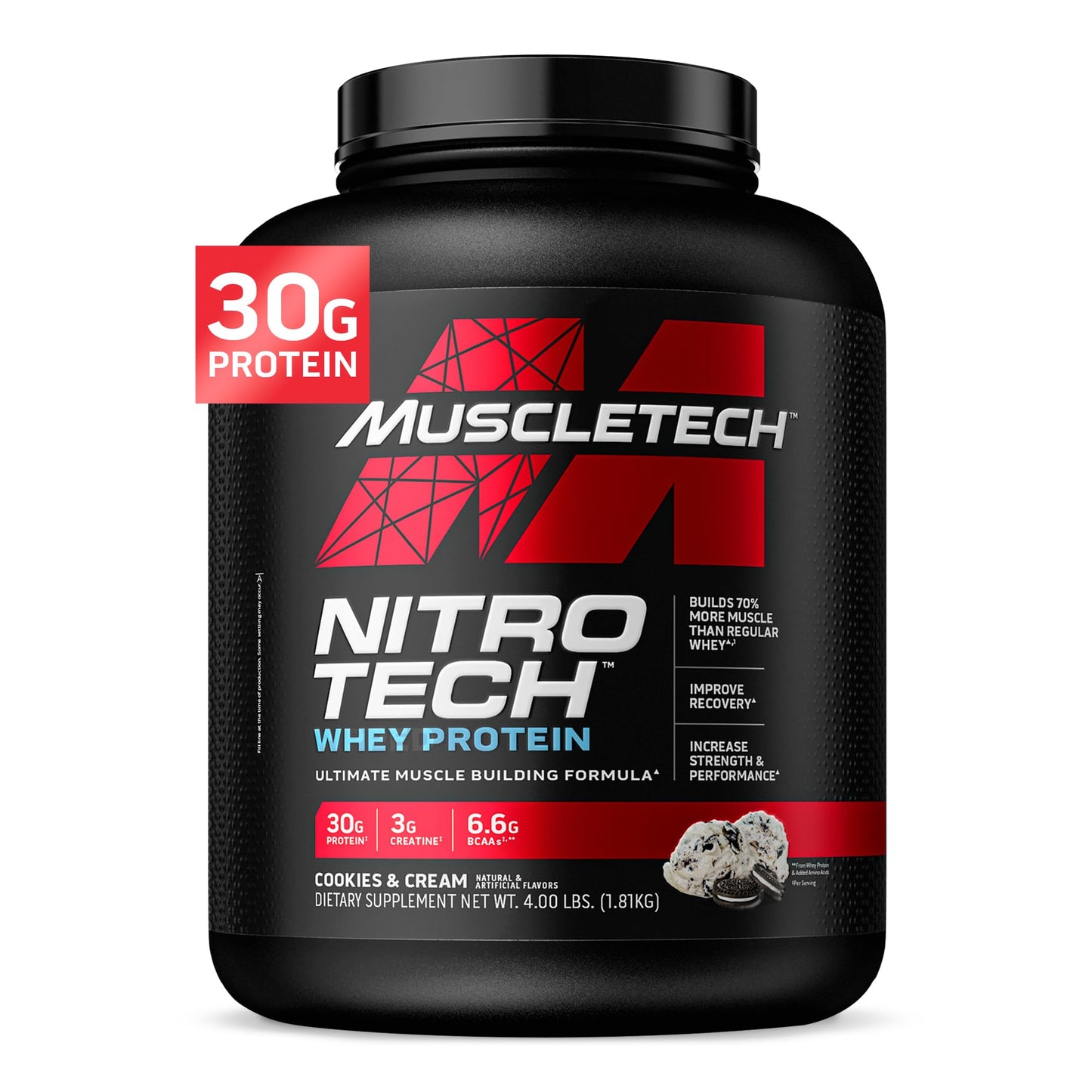 Muscletech Whey Protein Powder & Multivitamin for Immune Support - Nitro-Tech Muscle Building Formula with Whey Protein Isolate & Peptides, 30g Protein, 3g Creatine, 6.8g BCAAs, and Platinum Multivitamin with 18 Vitamins & Minerals