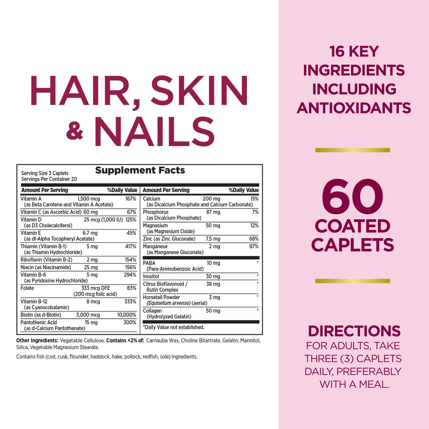 Nature's Bounty Optimal Solutions Hair, Skin & Nails Formula, with 3,000 mcg Biotin, 60 Coated Caplets, 20 Total Servings