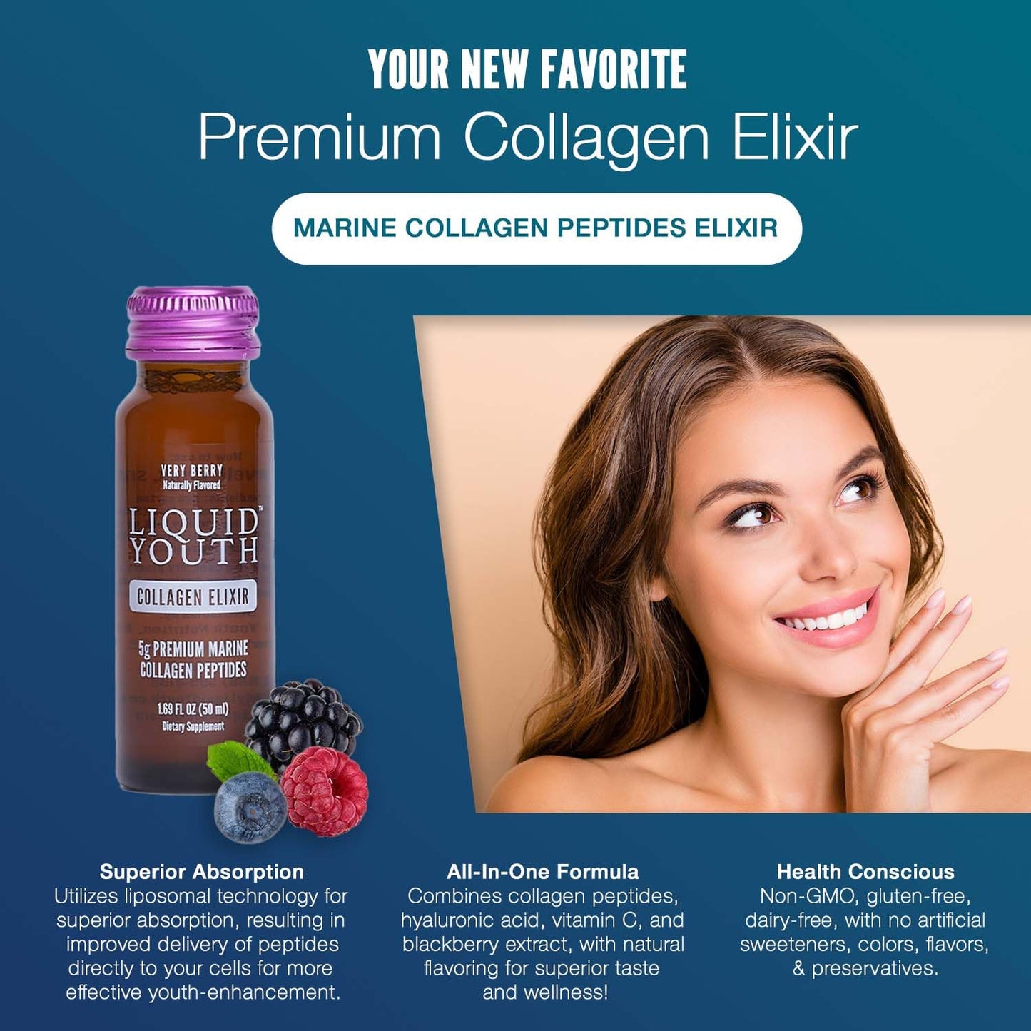 LIQUID YOUTH Liquid Collagen Elixir Shot for Women & Men - Premium Liquid Marine Collagen for Hair Growth, Skin, Nail, Bone & Joint Health - Travel-Friendly (Very Berry, 10 Servings Per Box)