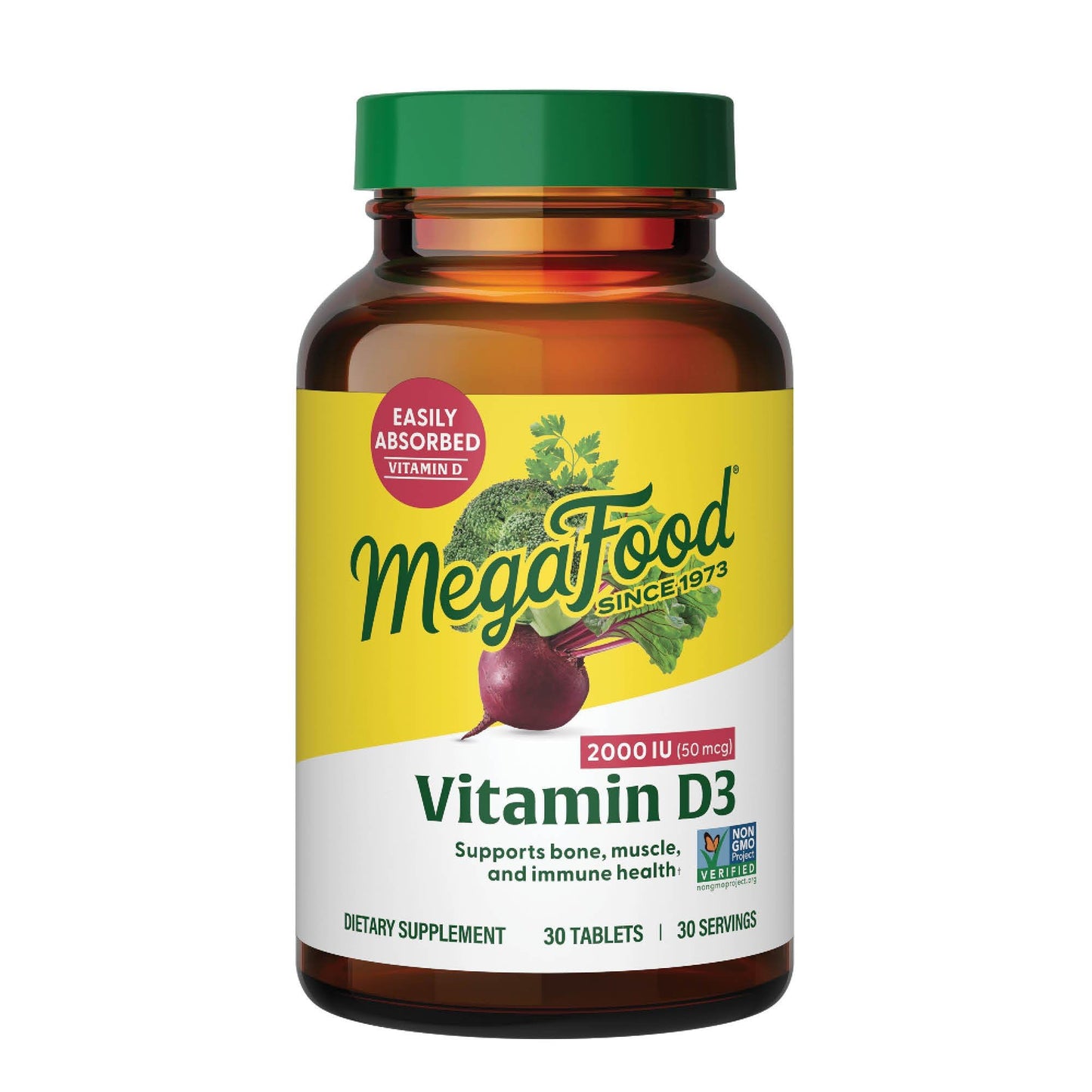 MegaFood Vitamin D3 2000 IU (50 mcg) - Vitamin D Supplements with Real Food, Immune Support, Supports Bones, Teeth & Muscles, Vegetarian, Certified Non-GMO, Kosher – 30 Tablets, 30 Servings