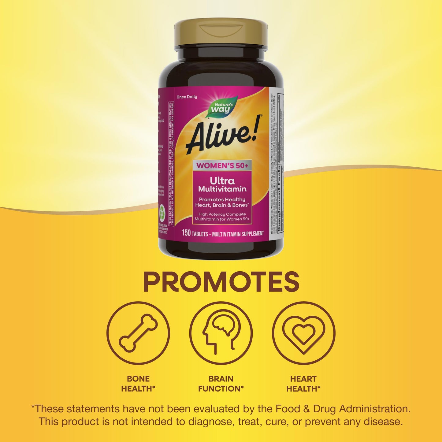Nature’s Way Alive! Women’s 50+ Ultra Potency Complete Multivitamin, High Potency Formula, Promotes Healthy Heart, Brain, Bones*, with Methylated B12, Gluten-Free, 150 Tablets