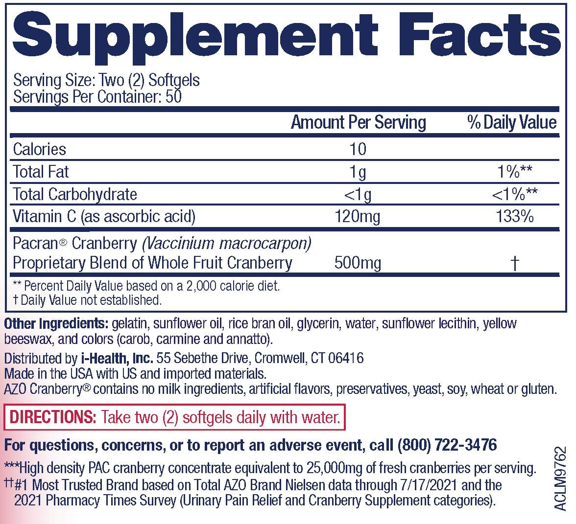 AZO Cranberry Urinary Tract Health Supplement, 1 Serving : 1 Glass of Cranberry Juice, Sugar Free Cranberry Pills, Non-GMO, 3 Month Supply, 100 Softgels (Pack of 2)