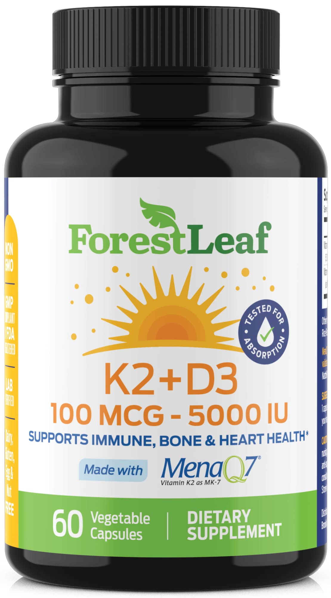 ForestLeaf Vitamin D3 + K2 (MK7) Supplement - MenaQ7 - Calcium and Vitamin D3 5000 IU Max Absorption - Teeth and Bone Strength, Heart Health, Immune System Support - 60 Veggie Capsules