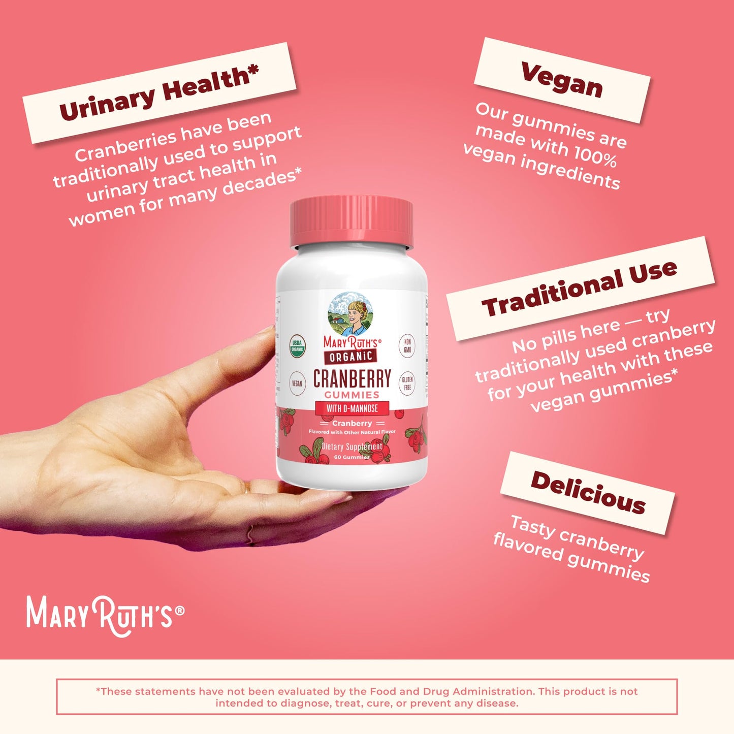 Organic Cranberry Gummies by MaryRuth's | 500mg Cranberry Supplement | Urinary Tract Health for Women | with D Mannose | Traditional Use | USDA Organic | Vegan | Non GMO | 30 Servings