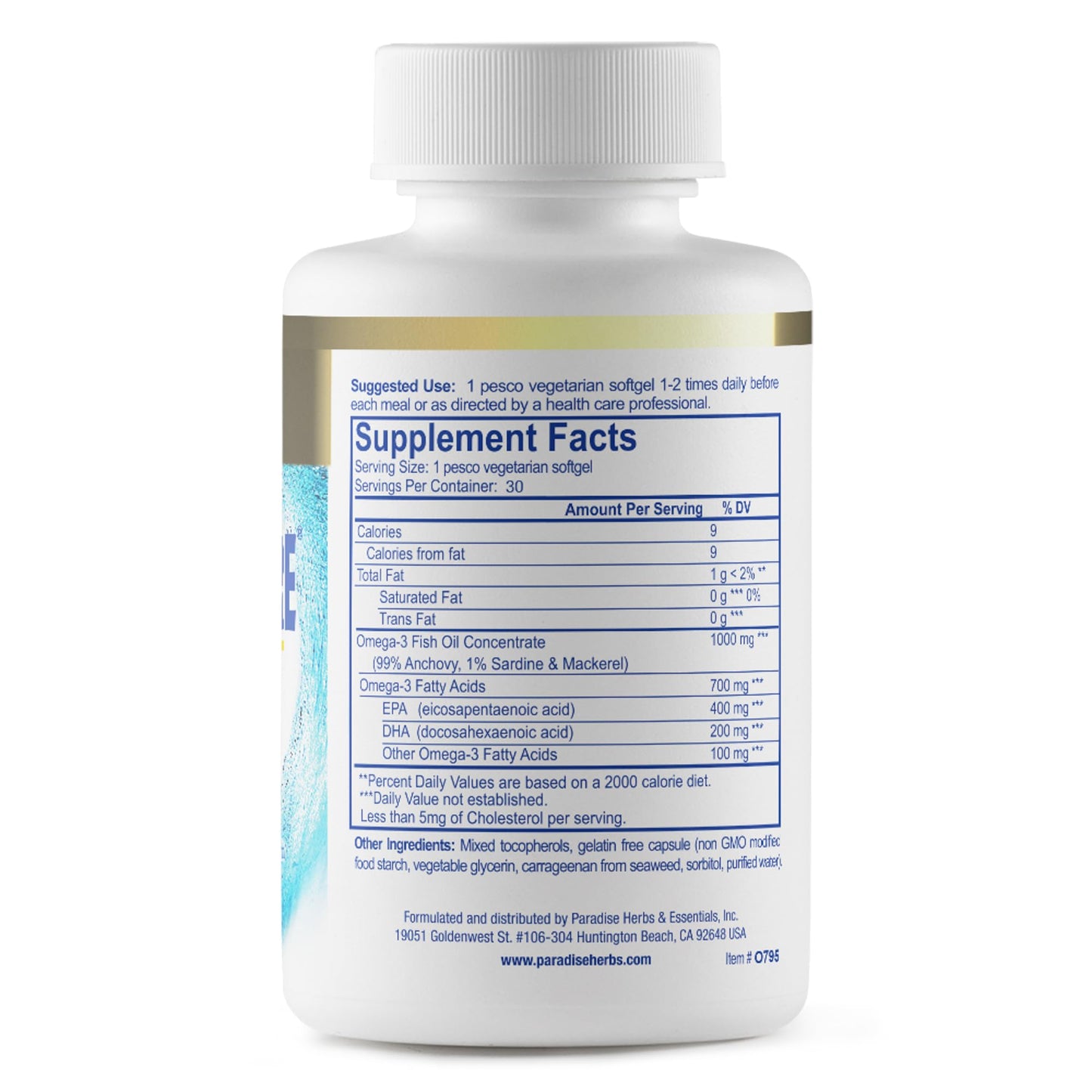 Paradise Herbs Omega-Sure, Omega-3 Concentrate, Premium Fish Oil, DHA, EPA, Vegan, Non GMO, Gluten Free, 30 Count Vegetarian Softgels