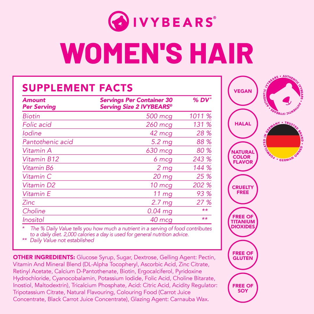 IvyBears Women’s Hair Vitamin Gummies with Complex Biotin, Collagen, Folic Acid, Vitamin B7, and Keratin for Hair, Skin & Nails - Vegan Hair Growth & 100% Vitamin Boost - 60 Count, 1 Month Supply