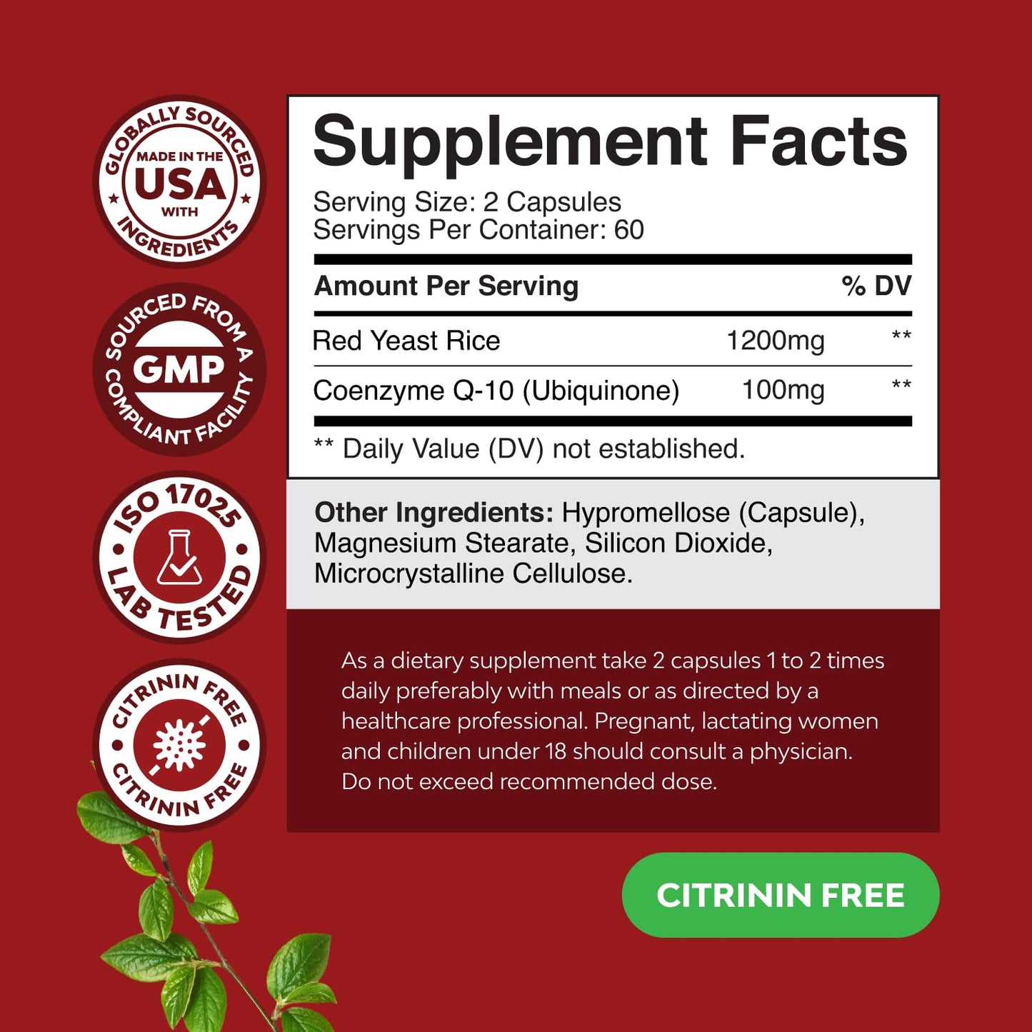 Natures Craft Red Yeast Rice with CoQ10 Supplement - Advanced Healthy Heart Red Rice Yeast for Healthy Cholesterol Levels - Extra Strength Capsule 1200 mg - Vegan & Non-GMO - 120 Count