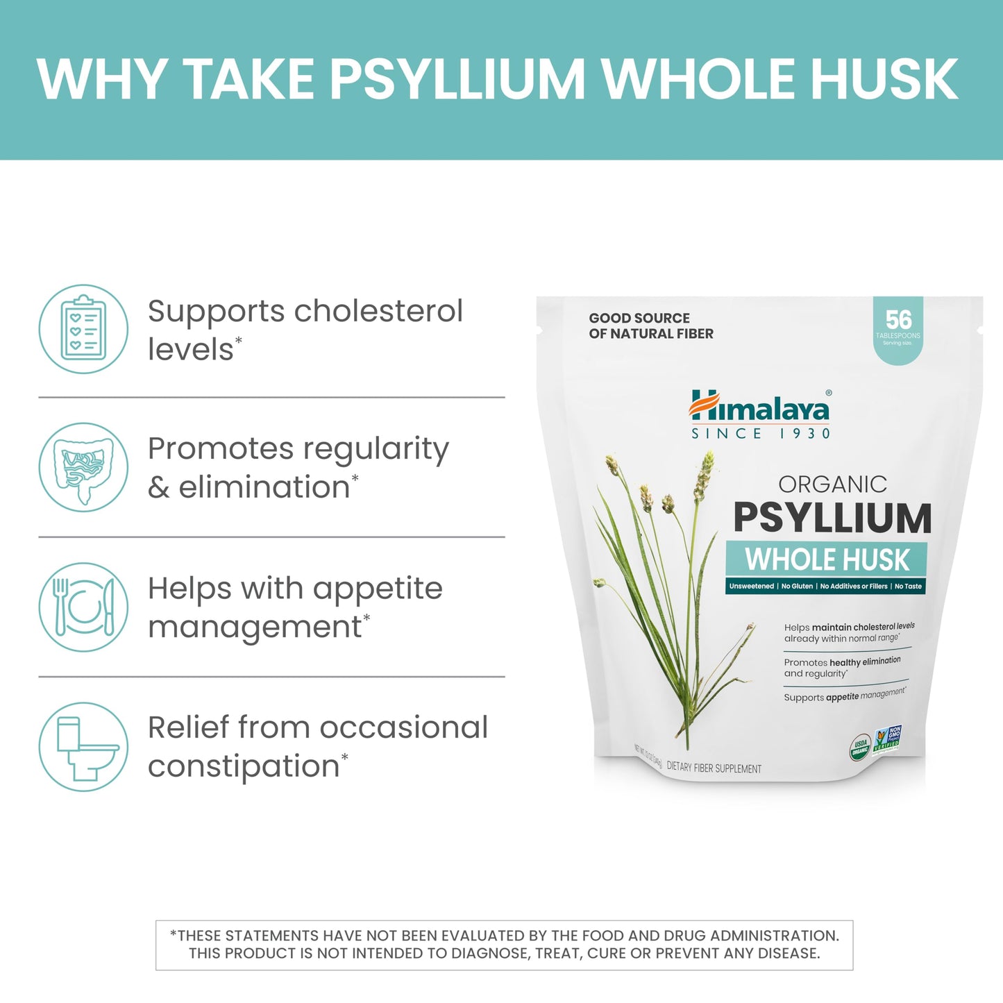 Himalaya Organic Psyllium Whole Husk, Natural Daily Fiber Supplement, Regularity, Appetite Management, USDA Certified Organic, Non-GMO, 56-Tablespoon Supply, Unflavored, 12 Oz
