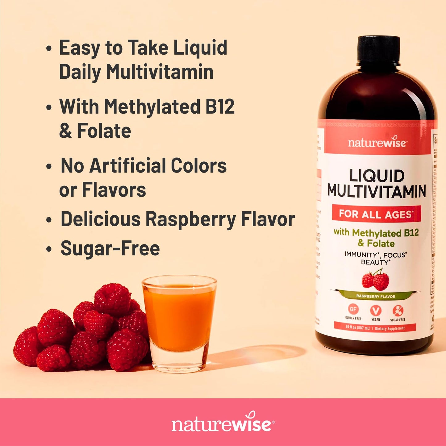 NatureWise Liquid Multivitamin for Women, Men of All Ages - Sugar Free, Vegan - Vitamins for Energy Levels, Beauty, Immune Health with Methylated B12 & Folate - Non-GMO - 30 fl oz(887 mL)