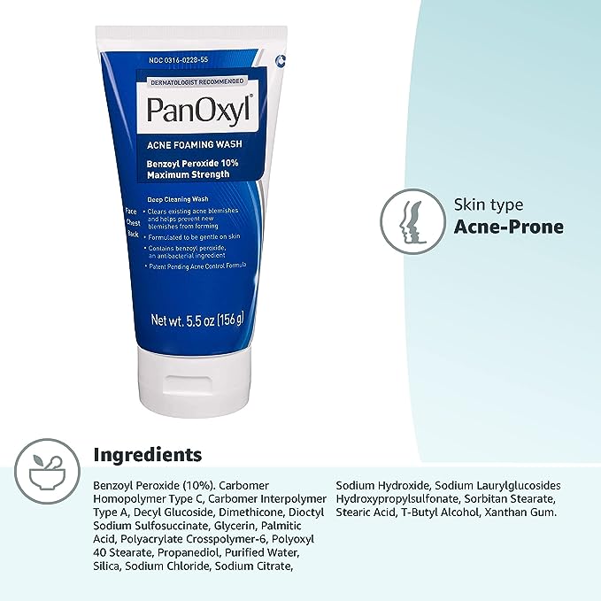 PanOxyl Acne Foaming Wash Benzoyl Peroxide 10% Maximum Strength Antimicrobial, 5.5 Oz