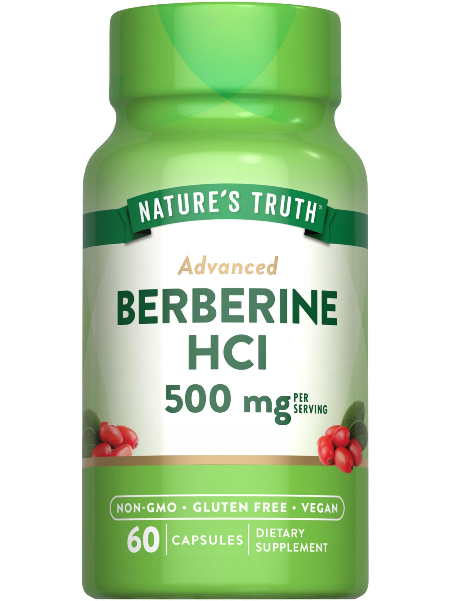 Nature's Truth Berberine HCl 500mg | 60 Capsules | from Barberry Extract | Vegan, Non-GMO, and Gluten Free Supplement