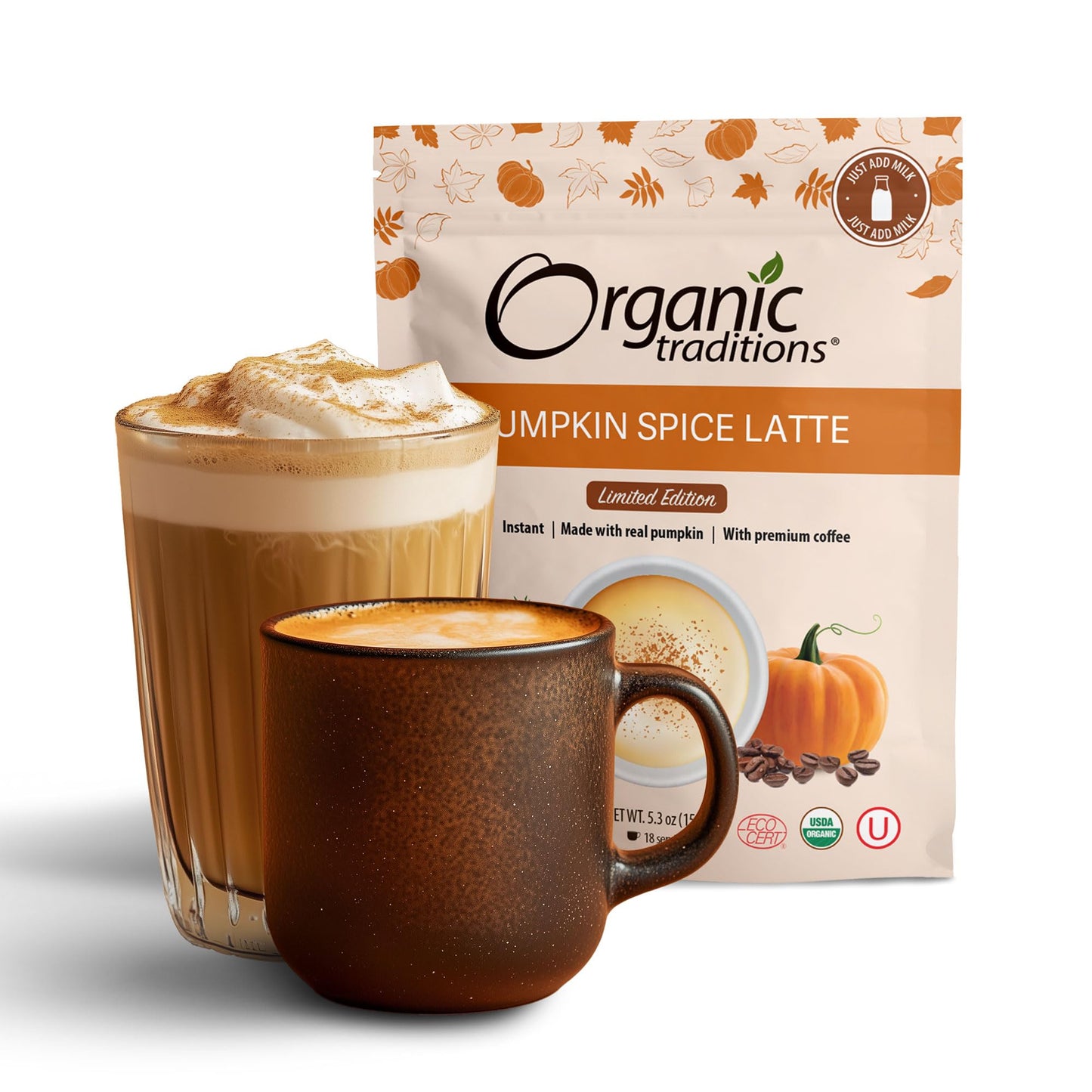 Organic Traditions Pumpkin Spice Latte Instant Coffee Dairy Free PSL Pumpkin Spice Coffee Blend 150g/5.3oz Bag