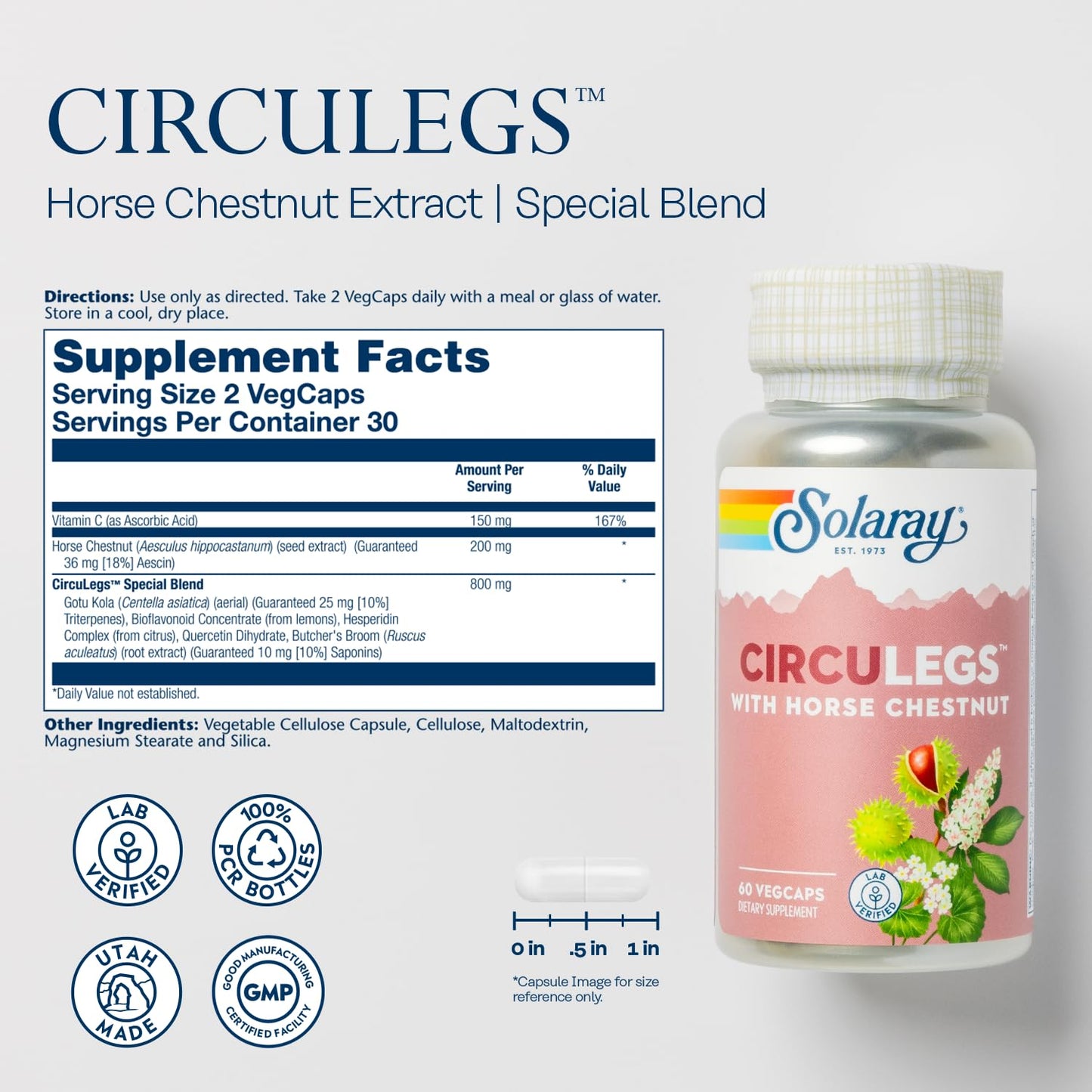 Pre-Order | Arrives in 5–10 Days – SOLARAY CircuLegs with Horse Chestnut Extract, Gotu Kola, Butcher's Broom, and More, Circulation and Vein Support for Healthy Legs, 60-Day Guarantee, Lab Verified (30 Serv, 60 VegCaps)
