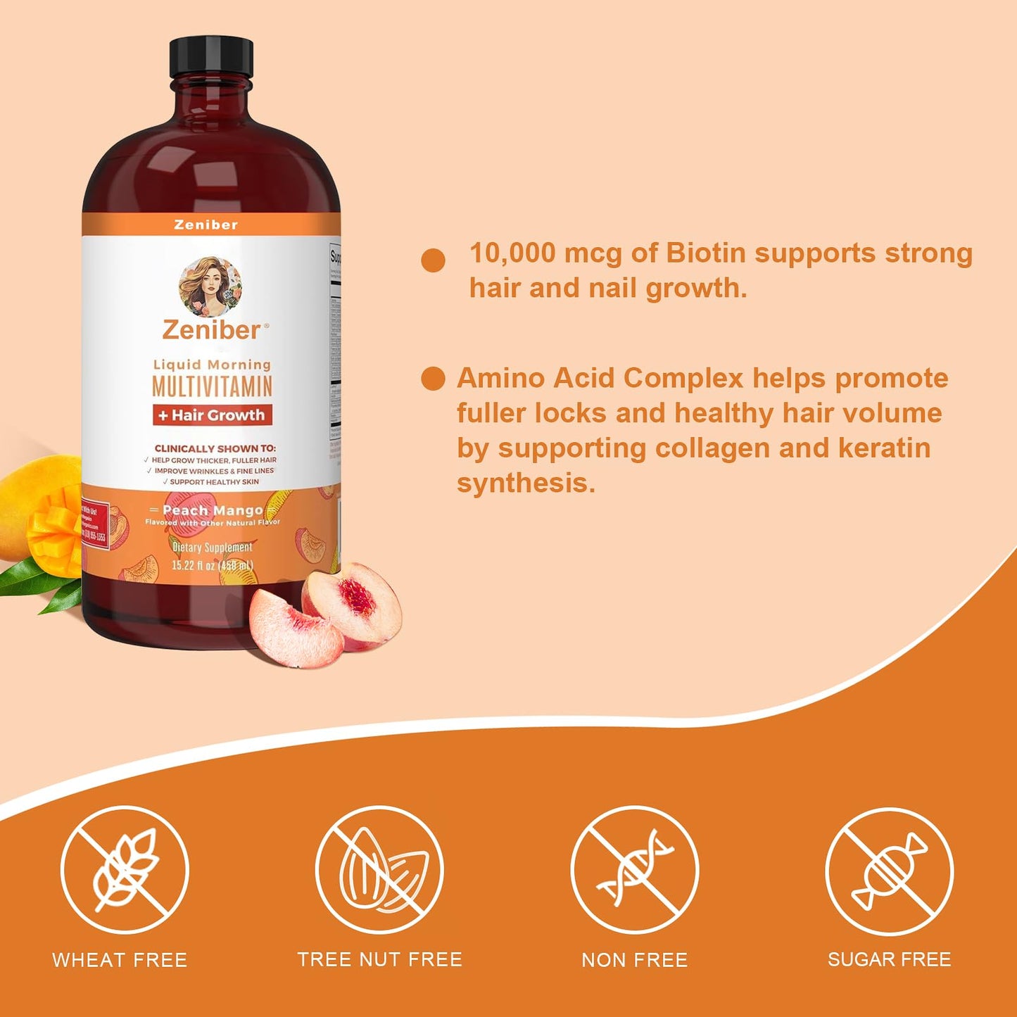 Zeniber Liquid Morning Multivitamin Hair Growth & Biotin 10000mcg,MaayRuth multivitamin Hair Growth,Liquid Multivitamins for Women, Vegan, Sugar Free, Reduces Wrinkles, 15.22 OZ