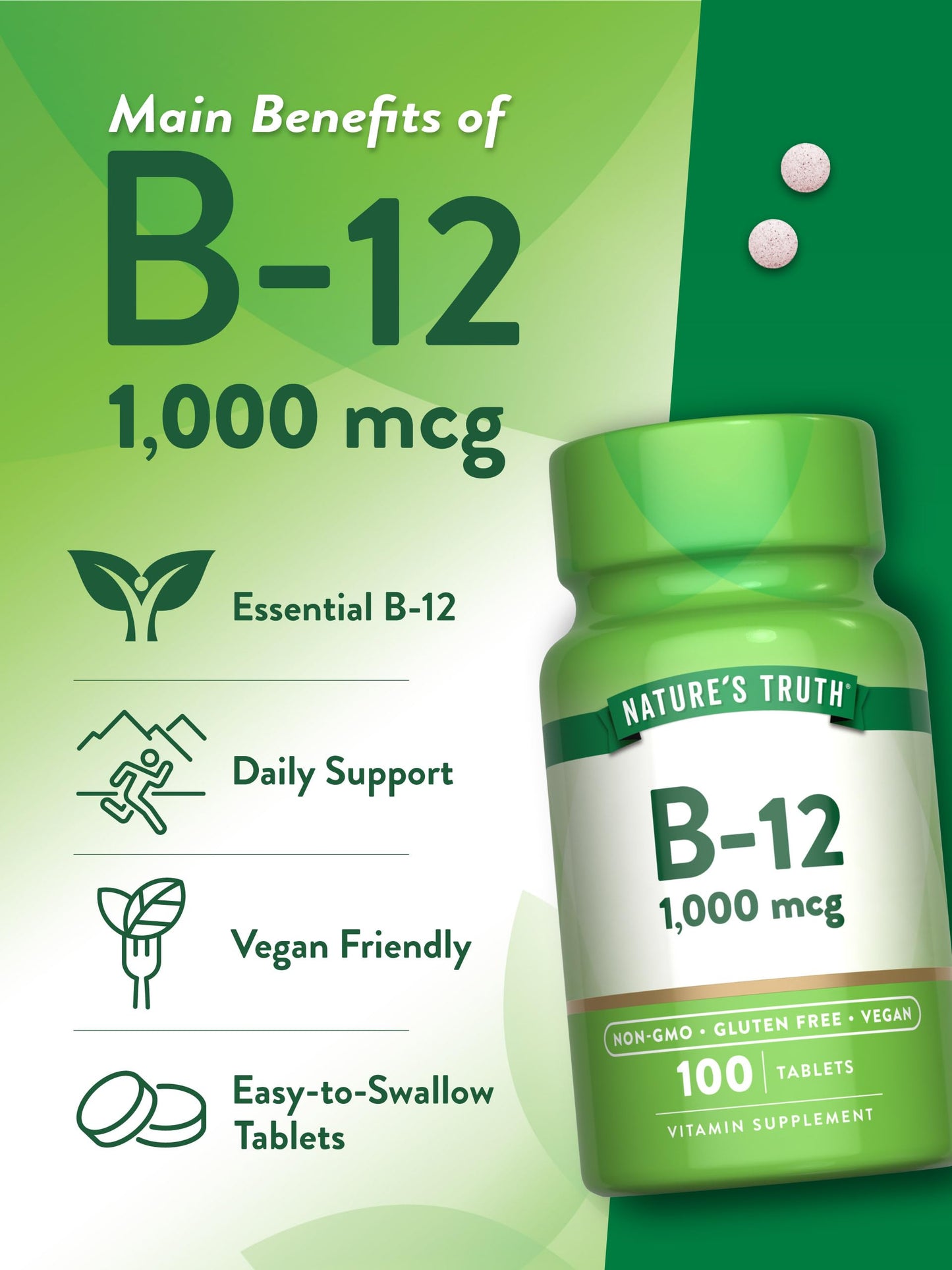 Nature's Truth Vitamin B12 1000 mcg Tablets | 100 Count | Vegan, Non-GMO & Gluten Free Supplement