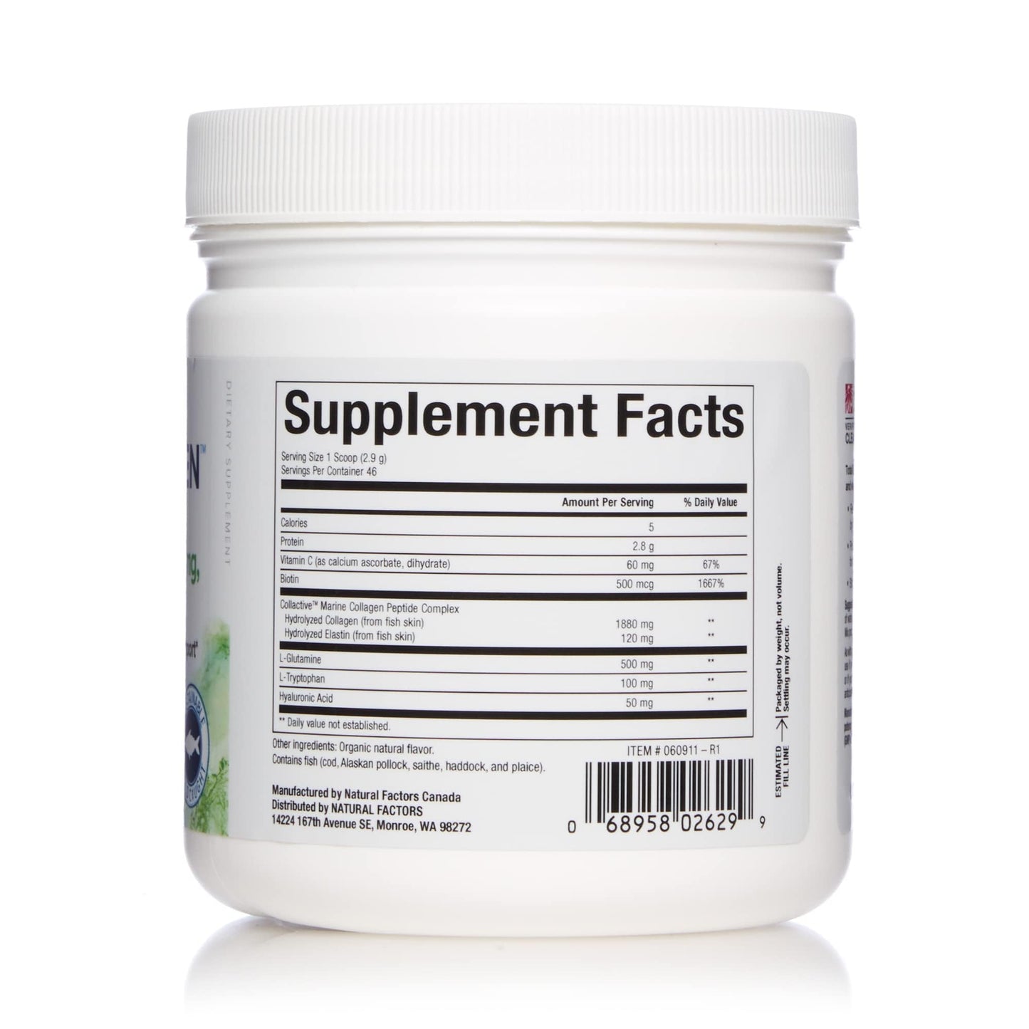 Natural Factors Total Body Marine Collagen, Bioactive Peptides Powder for Healthy Skin, Hair & Joints, Unflavored, 4.8 Oz