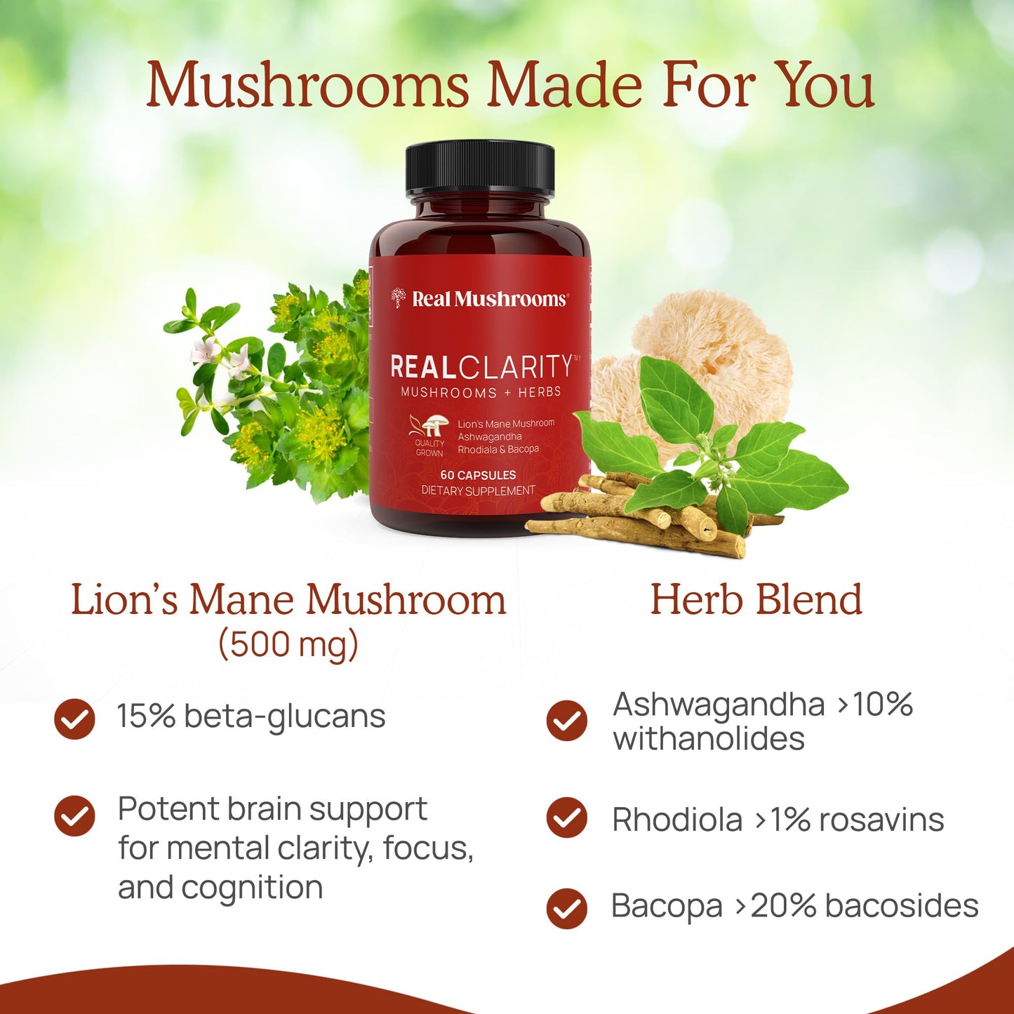 Real Mushrooms RealClarity Capsules – Lion’s Mane, KSM-66 Ashwagandha, Cordyceps & Reishi – Mental Sharpness, Alertness. & Adaptogenic Support – Vegan, Non-GMO – 60 Count Mushroom Supplement