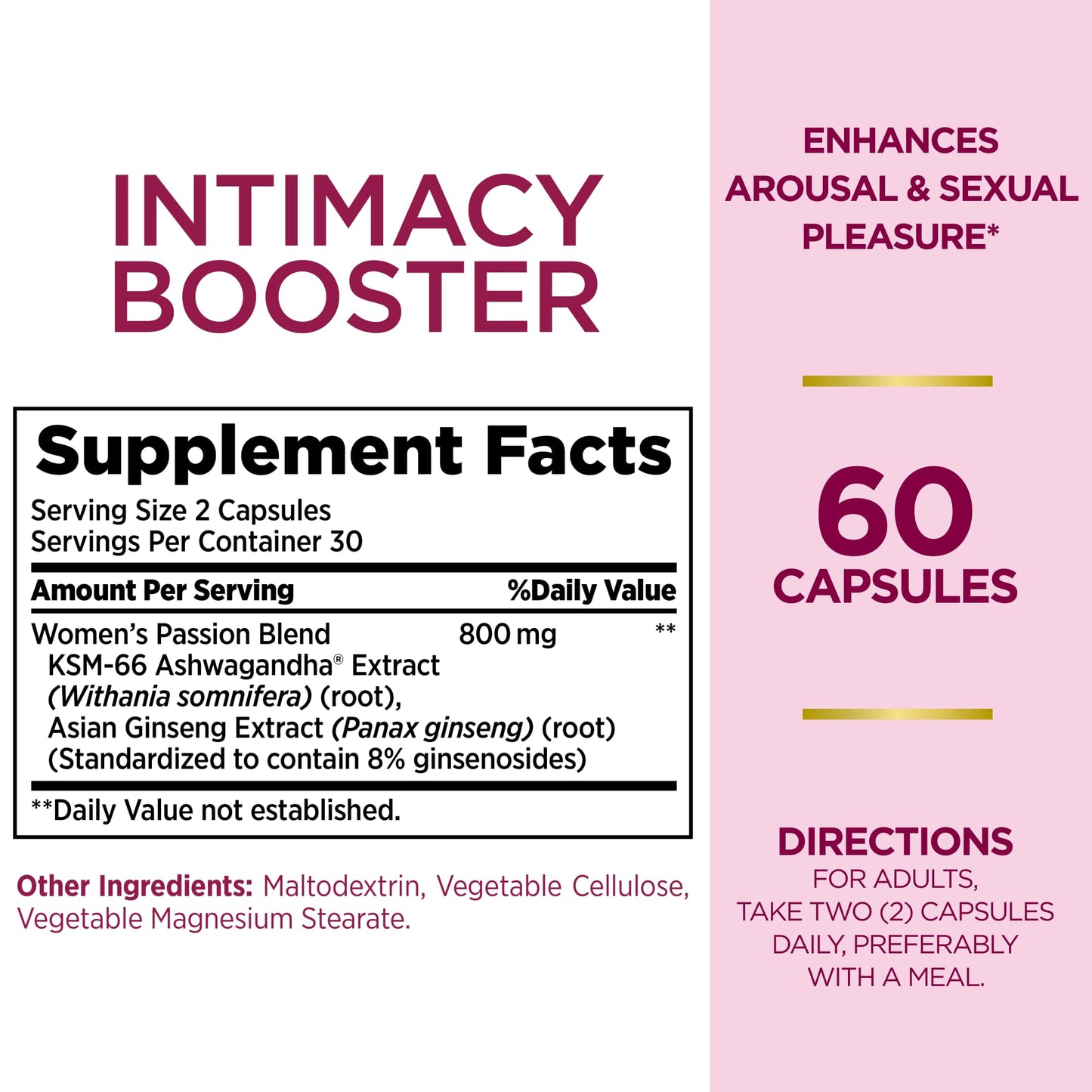 Nature's Bounty Optimal Solutions Intimacy Booster, Clinically Shown to Enhance Sexual Pleasure and Arousal, 60 Capsules, 30 Total Servings