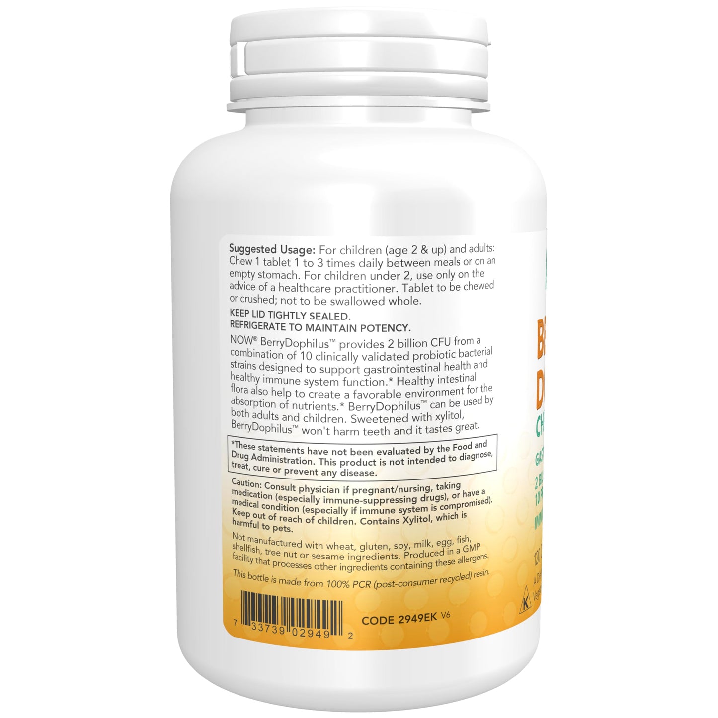 NOW Foods Supplements, BerryDophilus™ with 2 Billion, 10 Probiotic Strains, Xylitol Sweetened, Strain Verified, 120 Chewables, packaging may vary