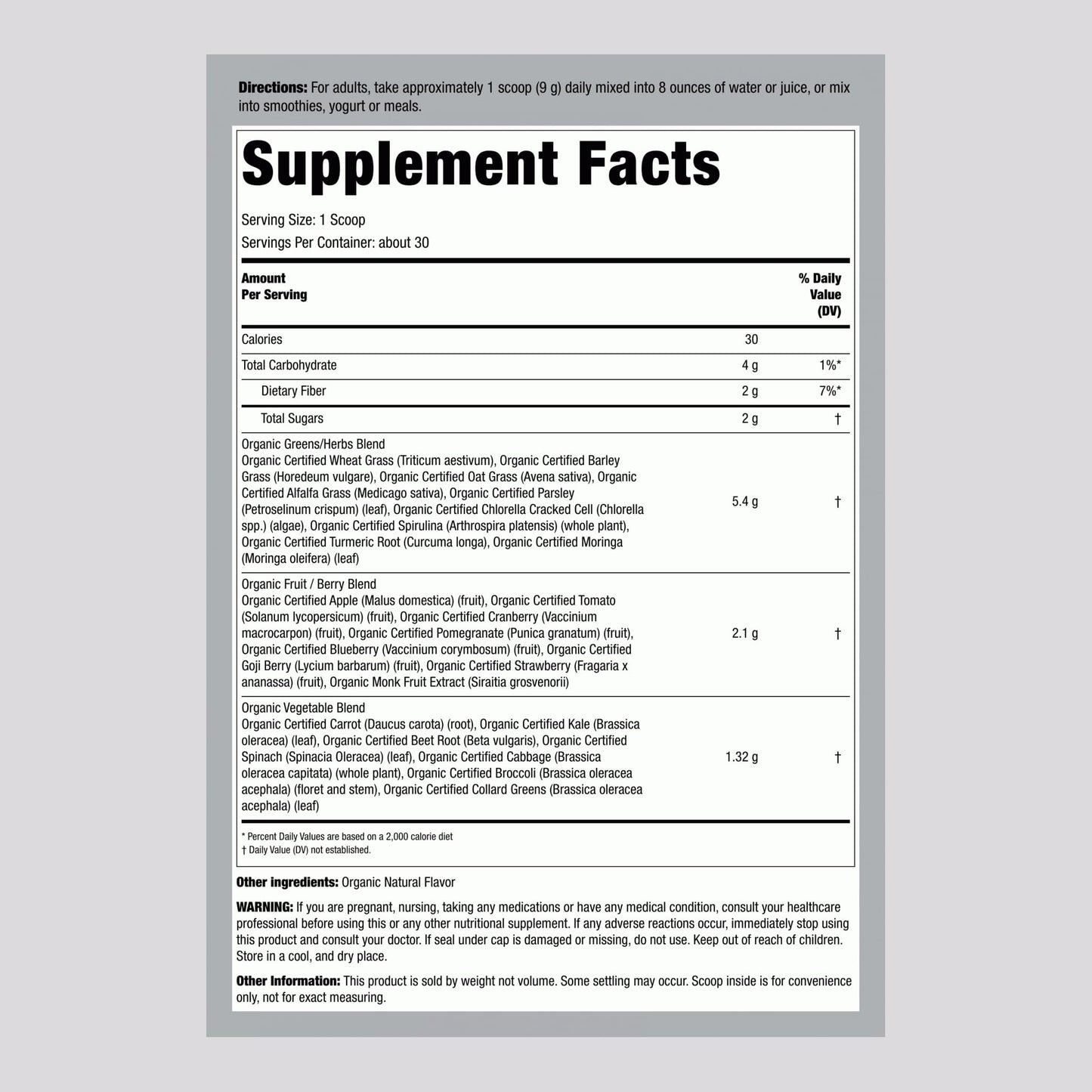 Lindberg Organic Fruit and Vegetable Powder | 9.5 oz | Greens Drink Mix | 28 Concentrates Plus | Vegan, Non-GMO, Gluten Free Supplement