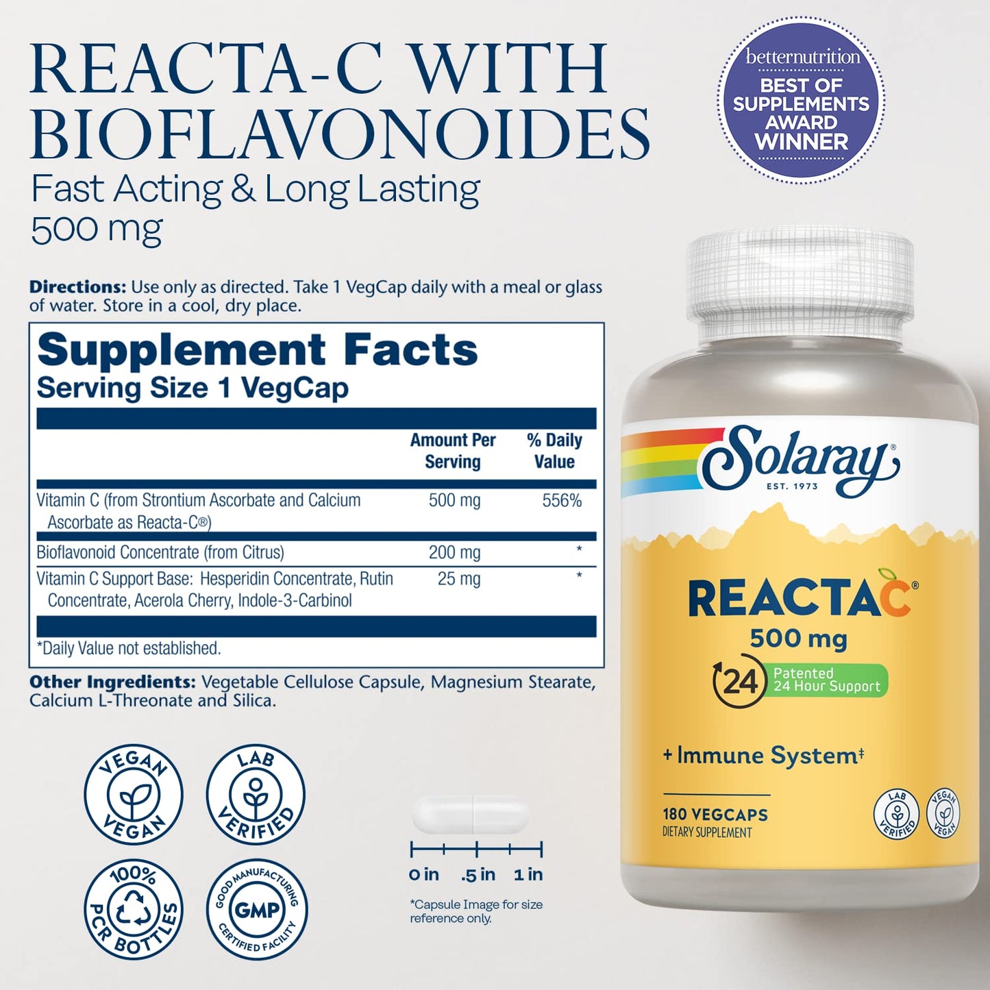 Pre-Order | Arrives in 5–10 Days – SOLARAY Reacta-C with Vitamin C 500mg - 200mg Bioflavonoid Concentrate, Immune Defense Vitamins - Patented 24 Hour Immune Support Supplement - Vegan - 180 Capsules, 180 Servings