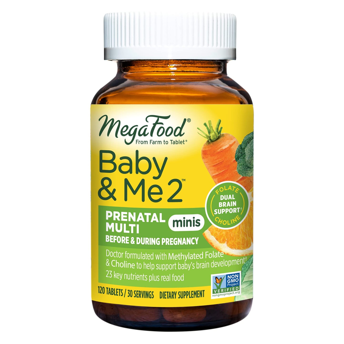 MegaFood Baby & Me 2 Prenatal Multi Minis - Prenatal Vitamins for Women with Choline & Methyl Folate - Gluten-Free, Vegetarian, Pre Natal Multivitamin for Women – 120 Minis Tablets, 30 Servings