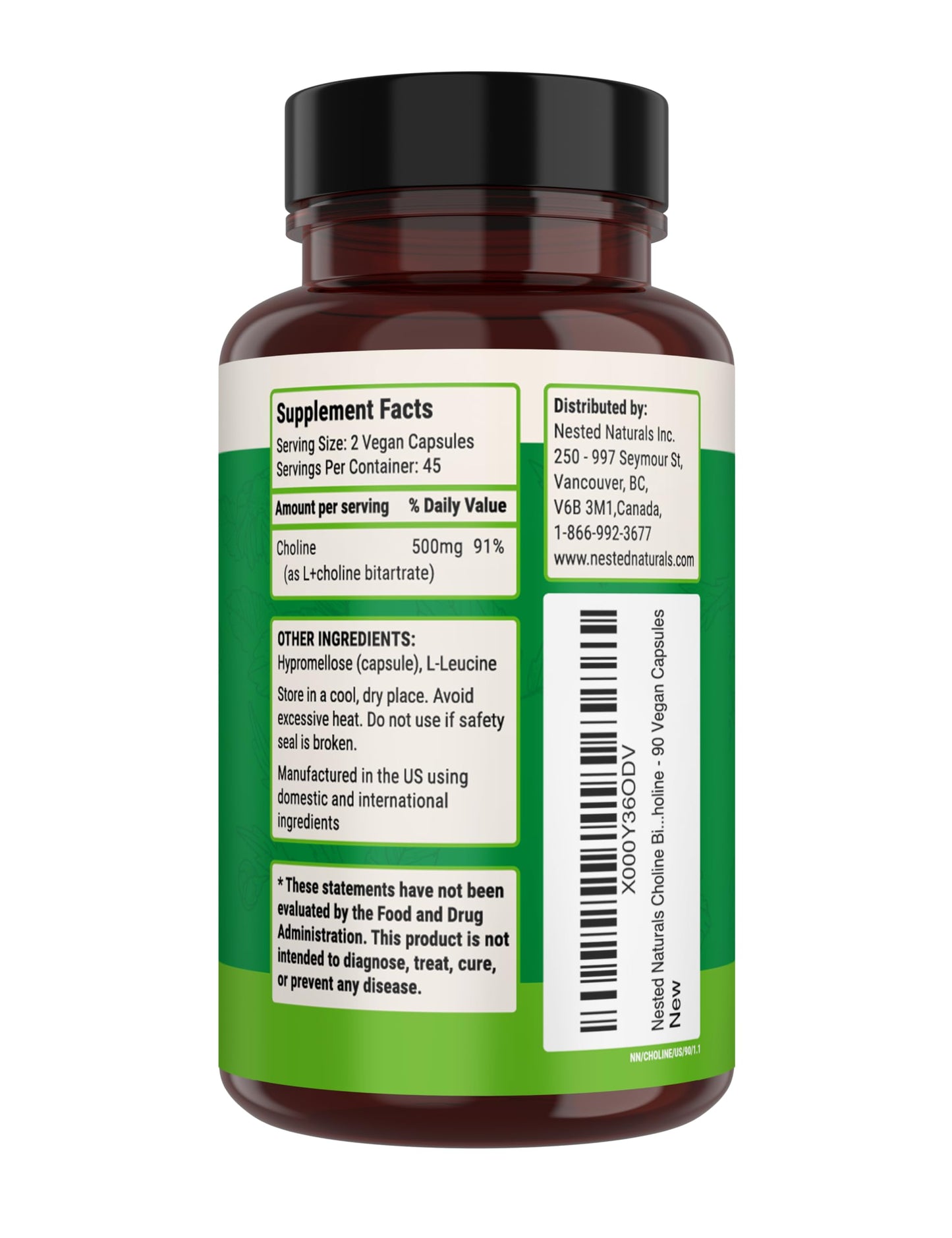 Nested Naturals Choline Bitartrate 500mg - High Potency Choline Supplements - Supports Cognitive Performance & Liver Function - 100% Vegan & Non-GMO Choline - 90 Vegan Capsules