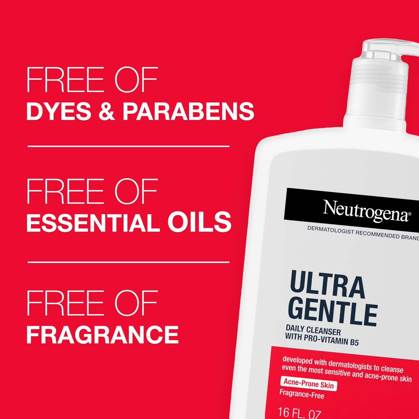 Neutrogena Ultra Gentle Daily Facial Cleanser with Pro-Vitamin B5 for Acne-Prone & Sensitive Skin. Fragrance, Dye, Soap, and Paraben-Free, Hypoallergenic Face Wash, 16 fl. oz