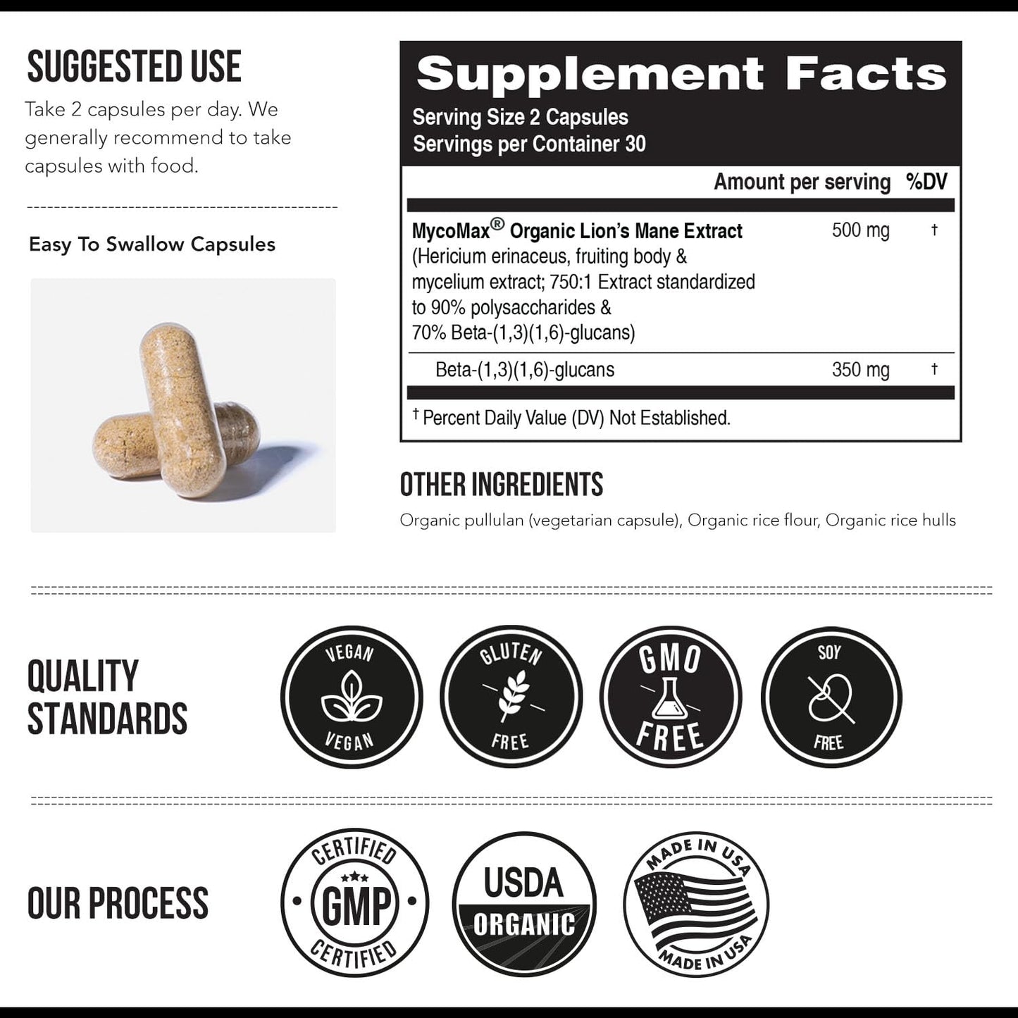 MycoMax Lions Mane Supplement - 70% Beta Glucans, Max Potency Organic Lions Mane Extract, US Grown + Ultrasonic Extraction - 500 mg serving - Supports Mental Clarity, Focus and Memory - 60 Capsules