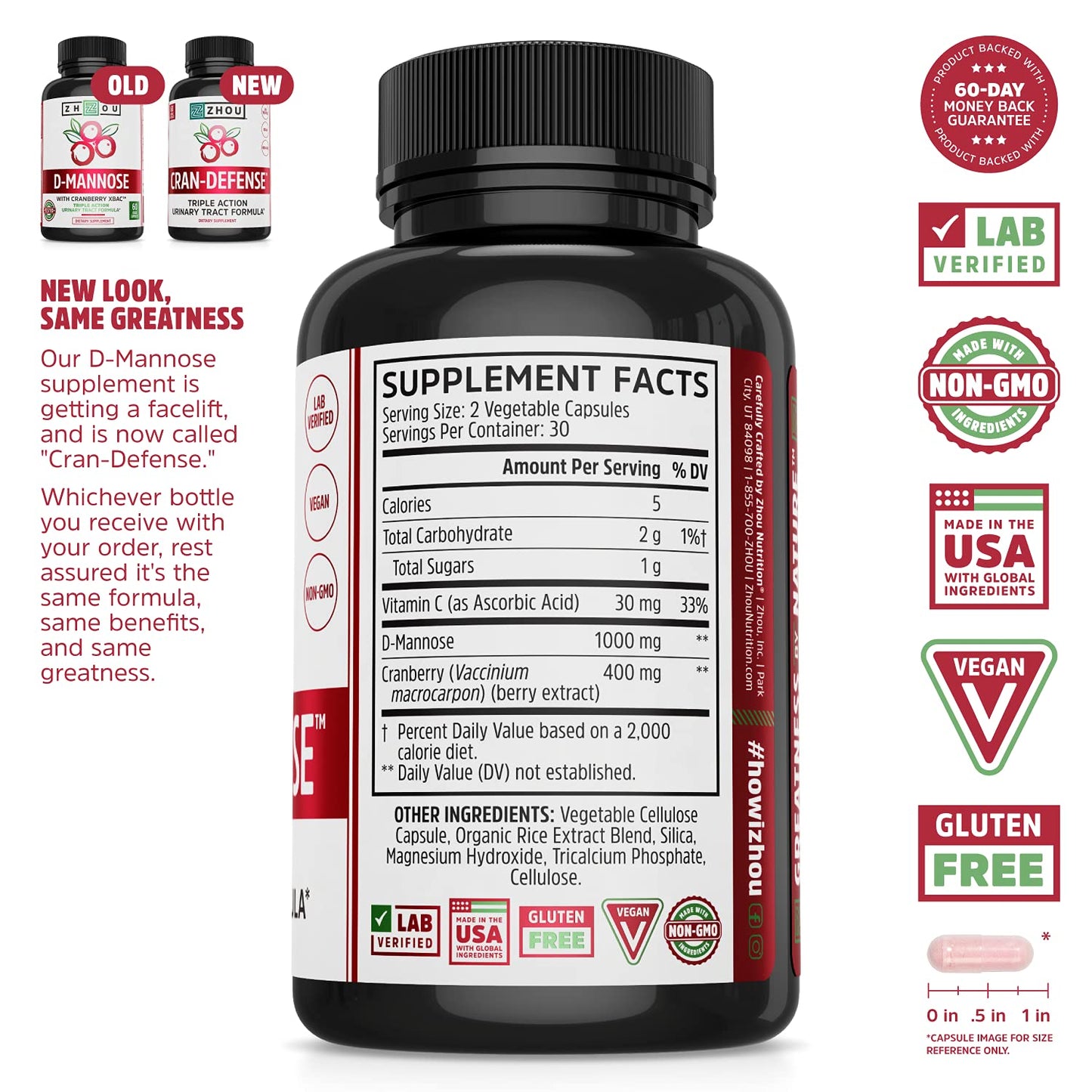 Zhou Cran-Defense - Cranberry Pills for Women & Men, D Mannose with Cranberry Extract, 1000 mg D-Mannose Per Capsule for Urinary Tract Health, Antioxidant Support - 60 Veggie Capsules