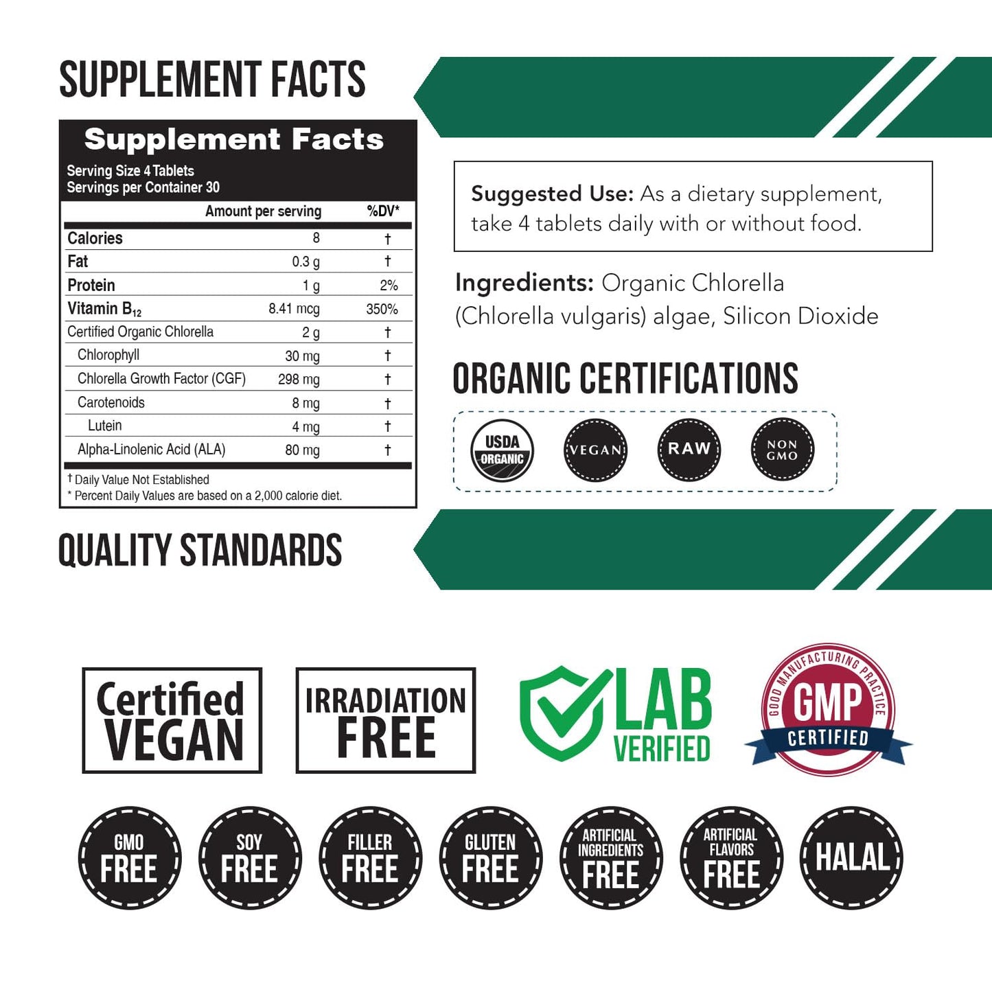 Organic Chlorella: 3 Organic Certifications – Broken Cell Wall Form, Blue Green Algae - Raw, Sun-Grown, Non-Irradiated, Maximum Nutrient & CGF (Chlorella Growth Factor) Levels - (120 Tablets)